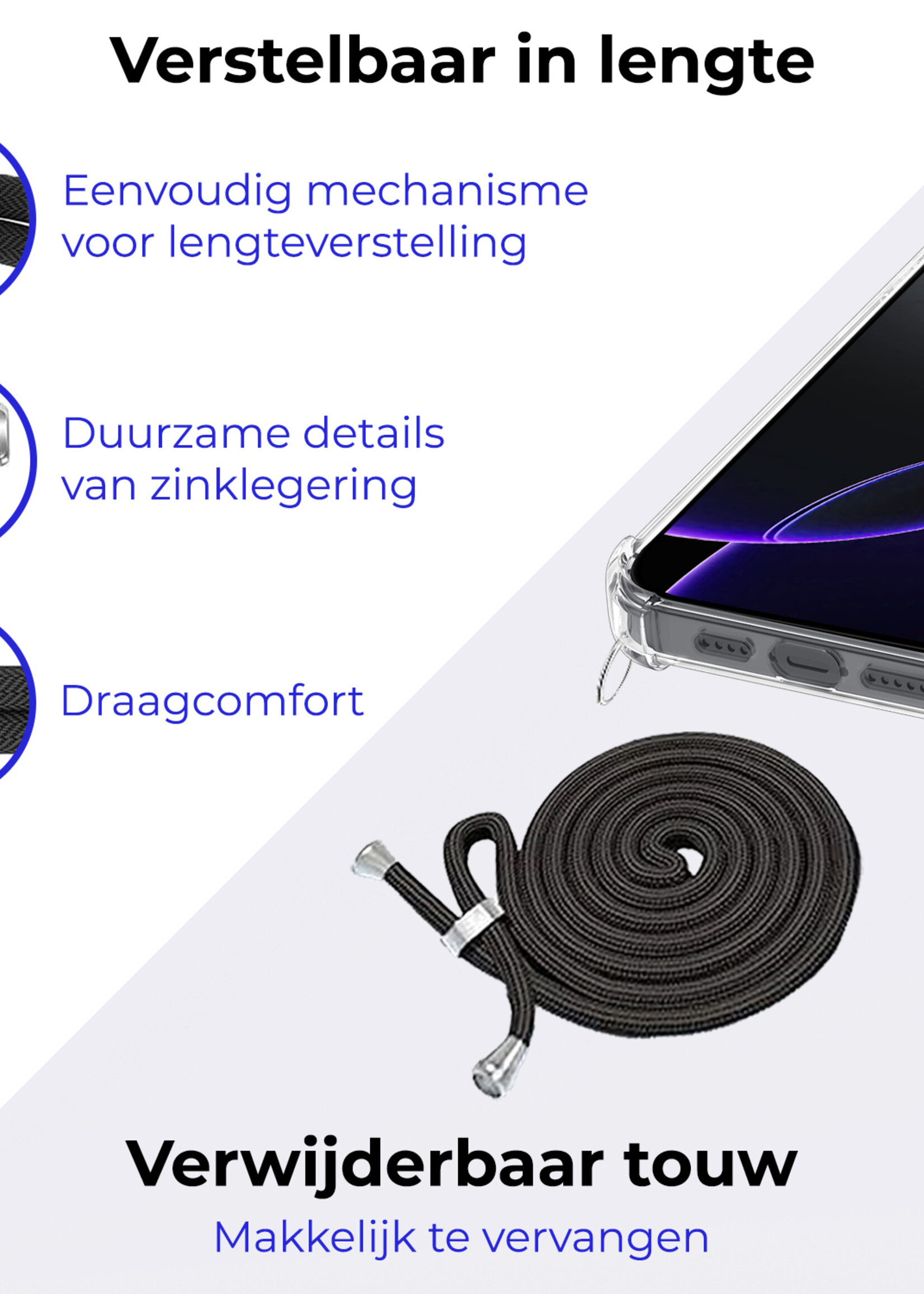 BTH Hoesje Geschikt voor iPhone 16 Pro Max Hoesje Siliconen Shock Proof Hoesje Met Koord Case Met Telefoonkoord - Hoes Geschikt voor iPhone 16 Pro Max Hoesje Cover Shockproof Met Koord - Transparant