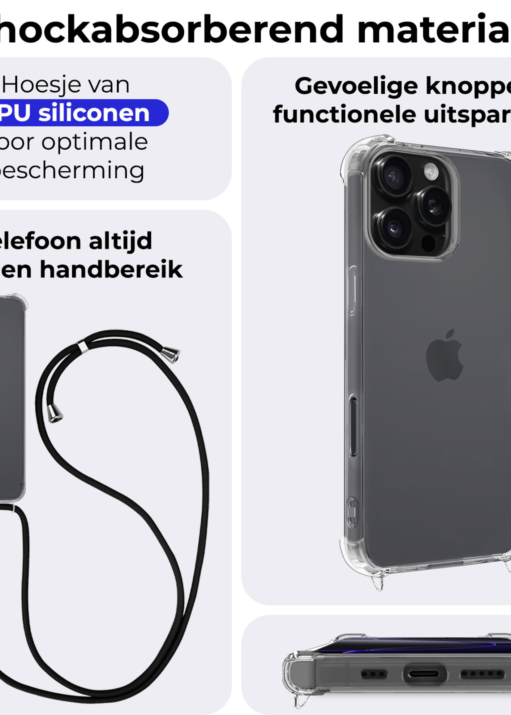 BTH Hoesje Geschikt voor iPhone 16 Pro Max Hoesje Siliconen Shock Proof Hoesje Met Koord Case Met Telefoonkoord - Hoes Geschikt voor iPhone 16 Pro Max Hoesje Cover Shockproof Met Koord - Transparant