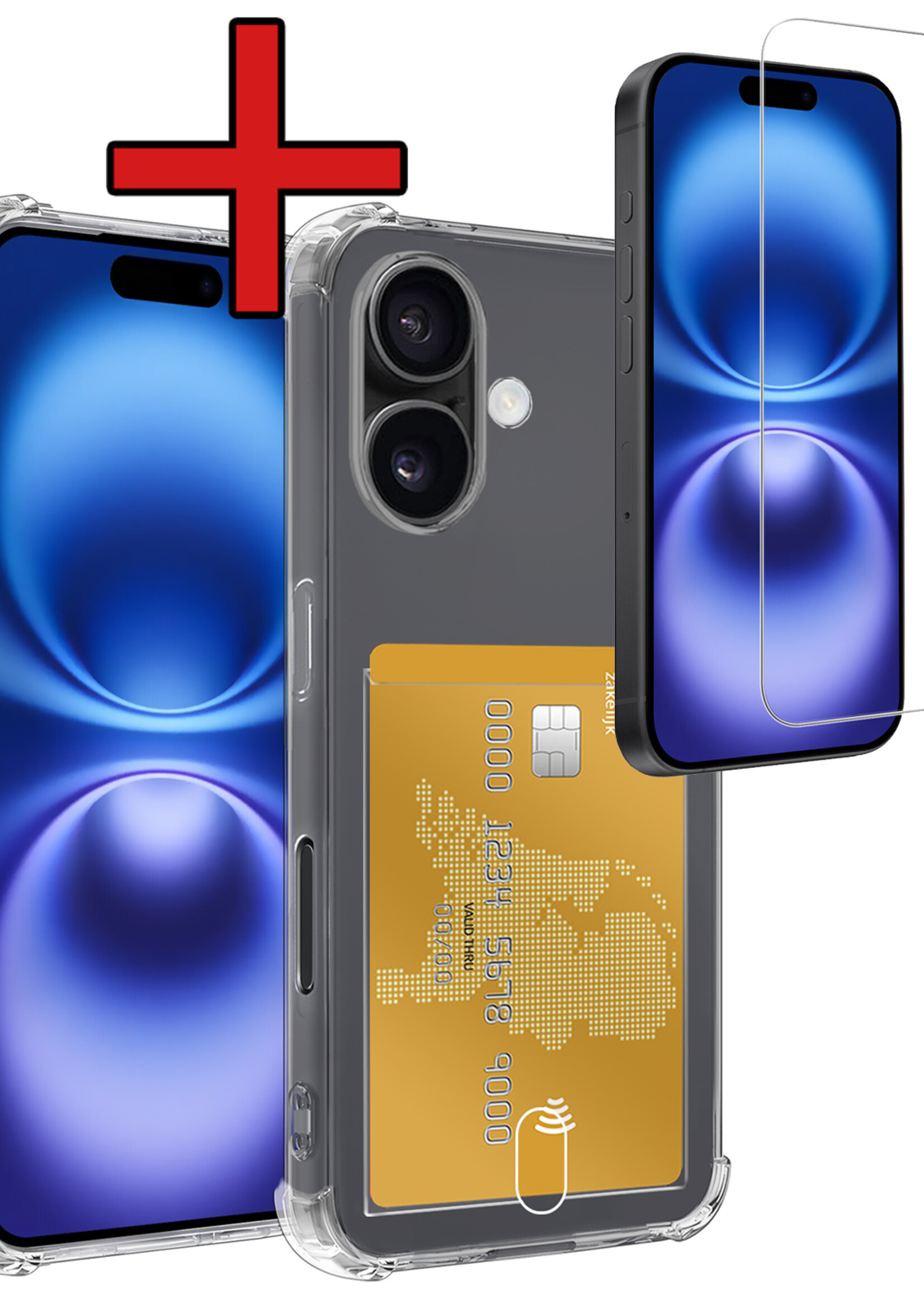 BTH Hoesje Geschikt voor iPhone 16 Hoesje Met Pasjeshouder Siliconen Case Met Kaarthouder Met Screenprotector - Hoes Geschikt voor iPhone 16 Hoesje Shock Proof Case - Transparant