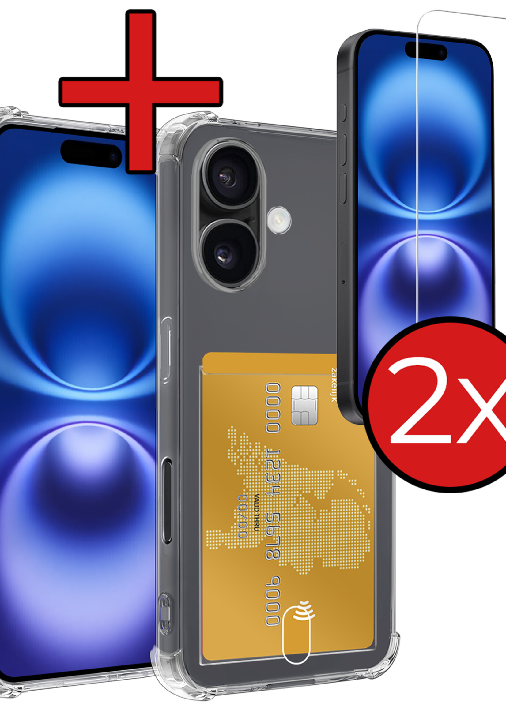 BTH Hoesje Geschikt voor iPhone 16 Hoesje Met Pasjeshouder Siliconen Case Met Kaarthouder Met 2x Screenprotector - Hoes Geschikt voor iPhone 16 Hoesje Shock Proof Case - Transparant