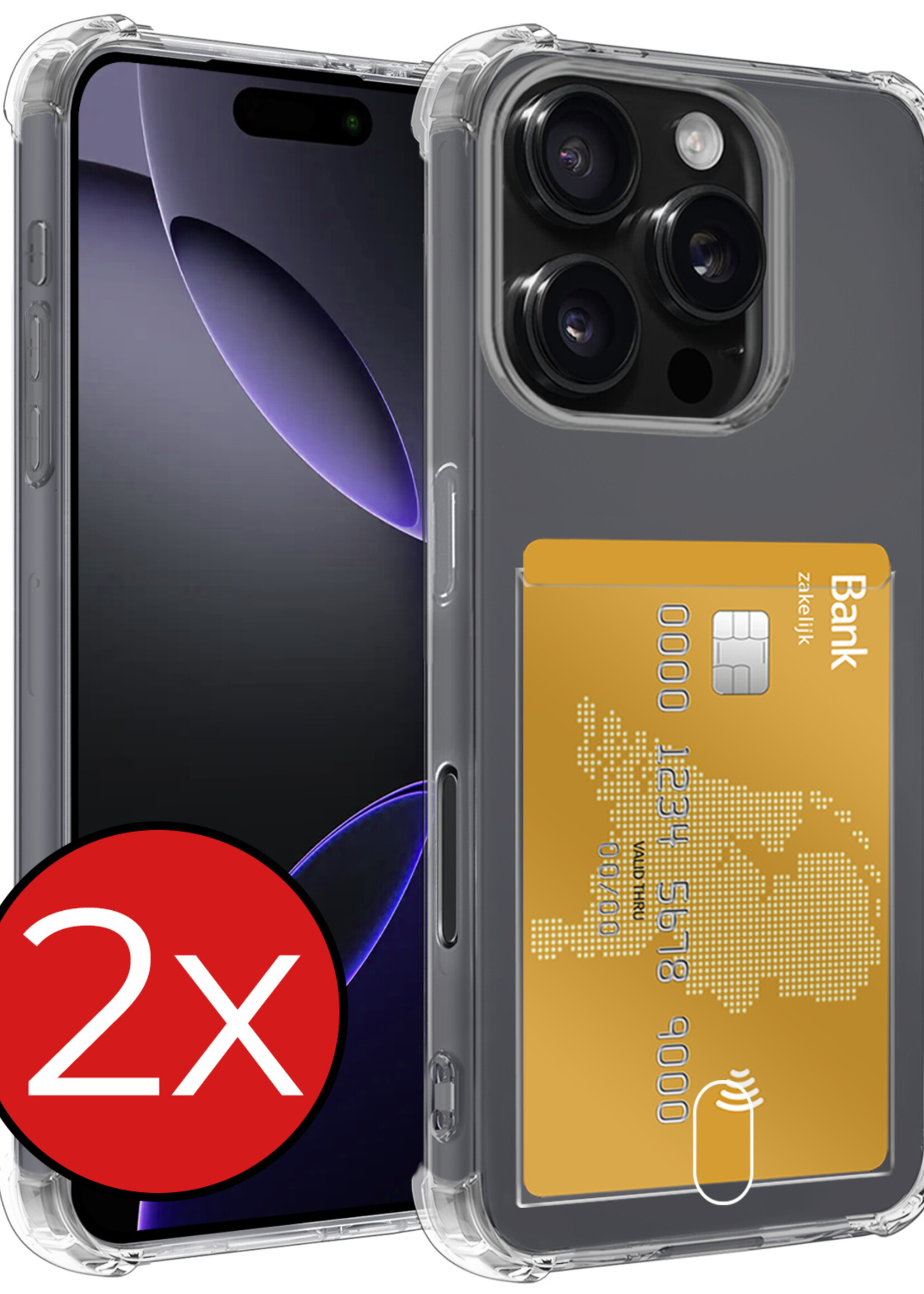 BTH Hoesje Geschikt voor iPhone 16 Pro Hoesje Met Pasjeshouder Siliconen Case Met Kaarthouder - Hoes Geschikt voor iPhone 16 Pro Hoesje Shock Proof Case - Transparant - 2 PACK