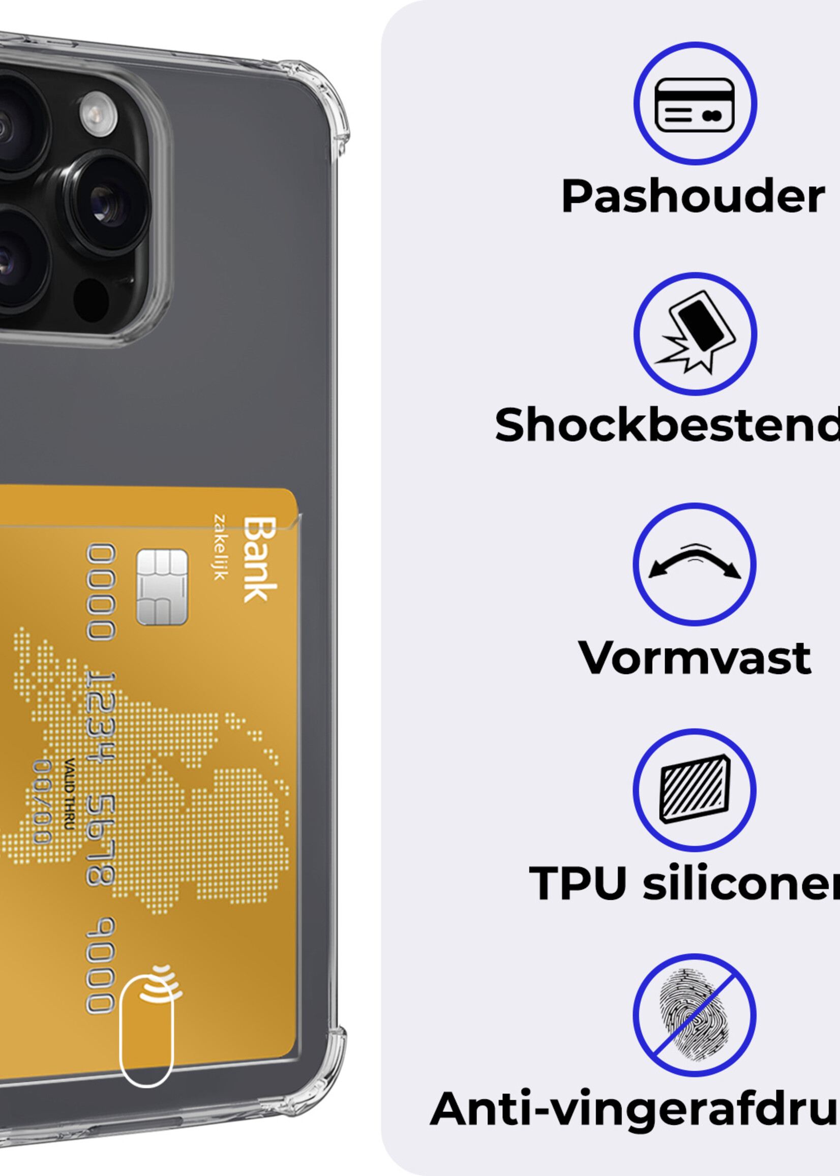 BTH Hoesje Geschikt voor iPhone 16 Pro Hoesje Met Pasjeshouder Siliconen Case Met Kaarthouder Met Screenprotector - Hoes Geschikt voor iPhone 16 Pro Hoesje Shock Proof Case - Transparant