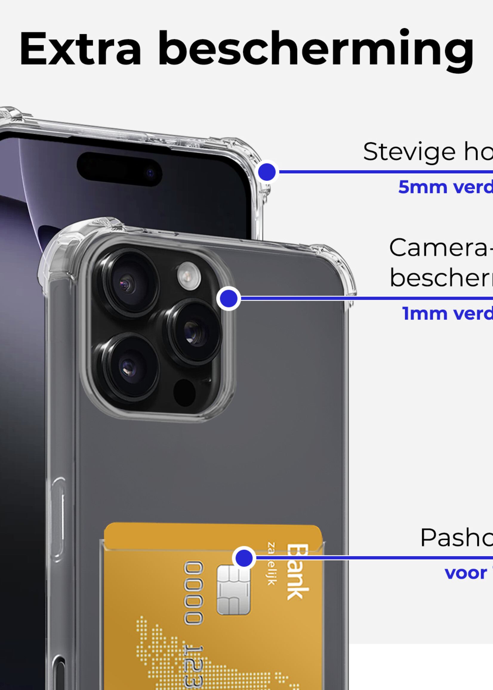 BTH Hoesje Geschikt voor iPhone 16 Pro Hoesje Met Pasjeshouder Siliconen Case Met Kaarthouder Met Screenprotector - Hoes Geschikt voor iPhone 16 Pro Hoesje Shock Proof Case - Transparant