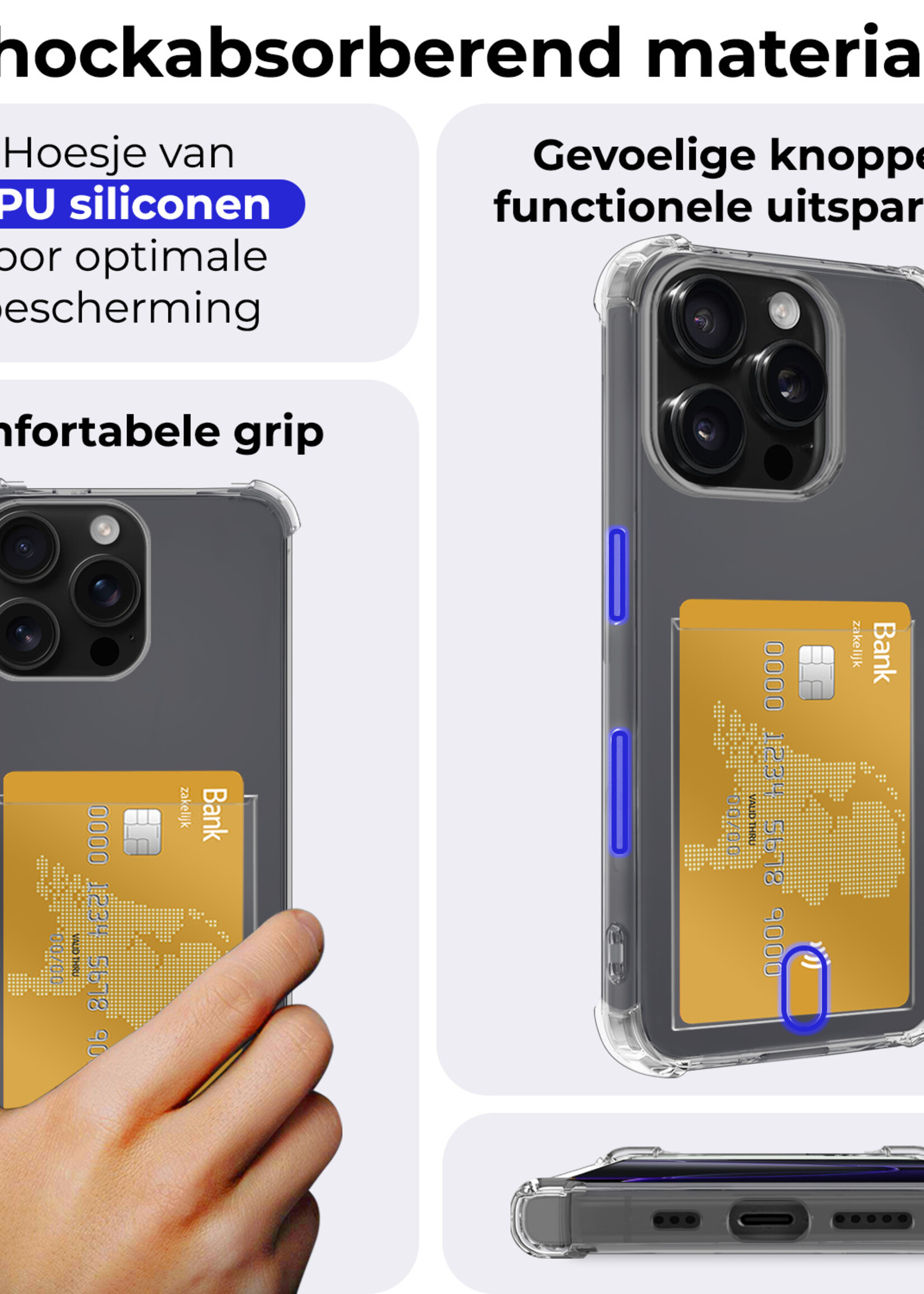BTH Hoesje Geschikt voor iPhone 16 Pro Hoesje Met Pasjeshouder Siliconen Case Met Kaarthouder Met Screenprotector - Hoes Geschikt voor iPhone 16 Pro Hoesje Shock Proof Case - Transparant