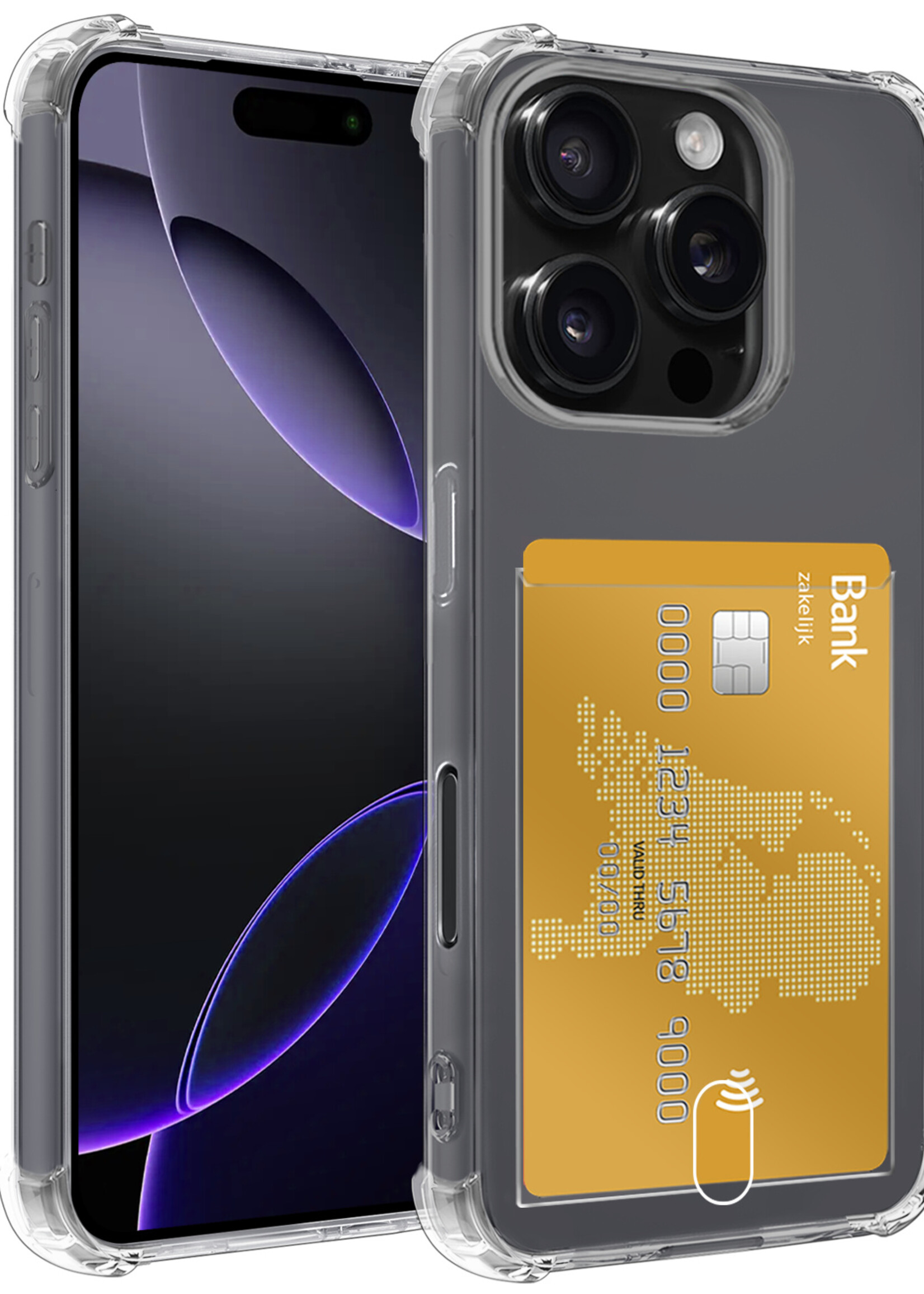 BTH Hoesje Geschikt voor iPhone 16 Pro Max Hoesje Met Pasjeshouder Siliconen Case Met Kaarthouder - Hoes Geschikt voor iPhone 16 Pro Max Hoesje Shock Proof Case - Transparant