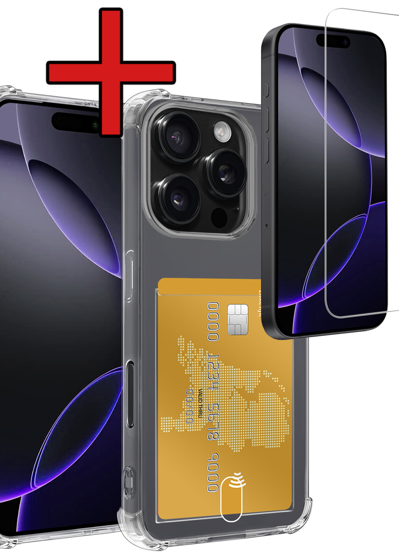 BTH Hoesje Geschikt voor iPhone 16 Pro Max Hoesje Met Pasjeshouder Siliconen Case Met Kaarthouder Met Screenprotector - Hoes Geschikt voor iPhone 16 Pro Max Hoesje Shock Proof Case - Transparant