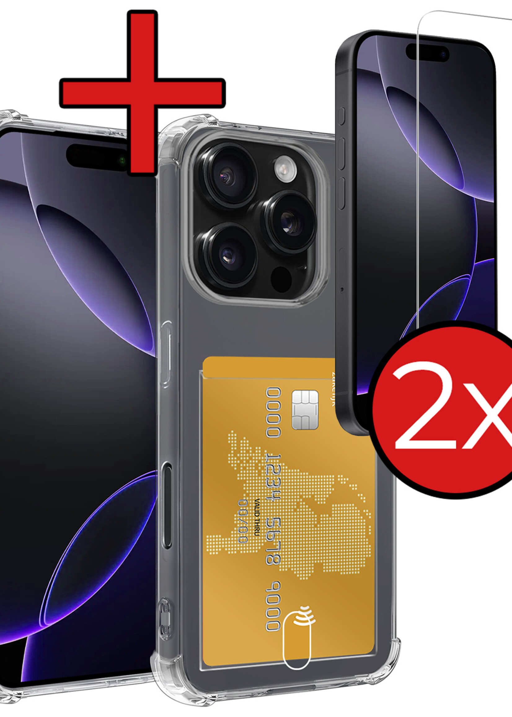 BTH Hoesje Geschikt voor iPhone 16 Pro Max Hoesje Met Pasjeshouder Siliconen Case Met Kaarthouder Met 2x Screenprotector - Hoes Geschikt voor iPhone 16 Pro Max Hoesje Shock Proof Case - Transparant