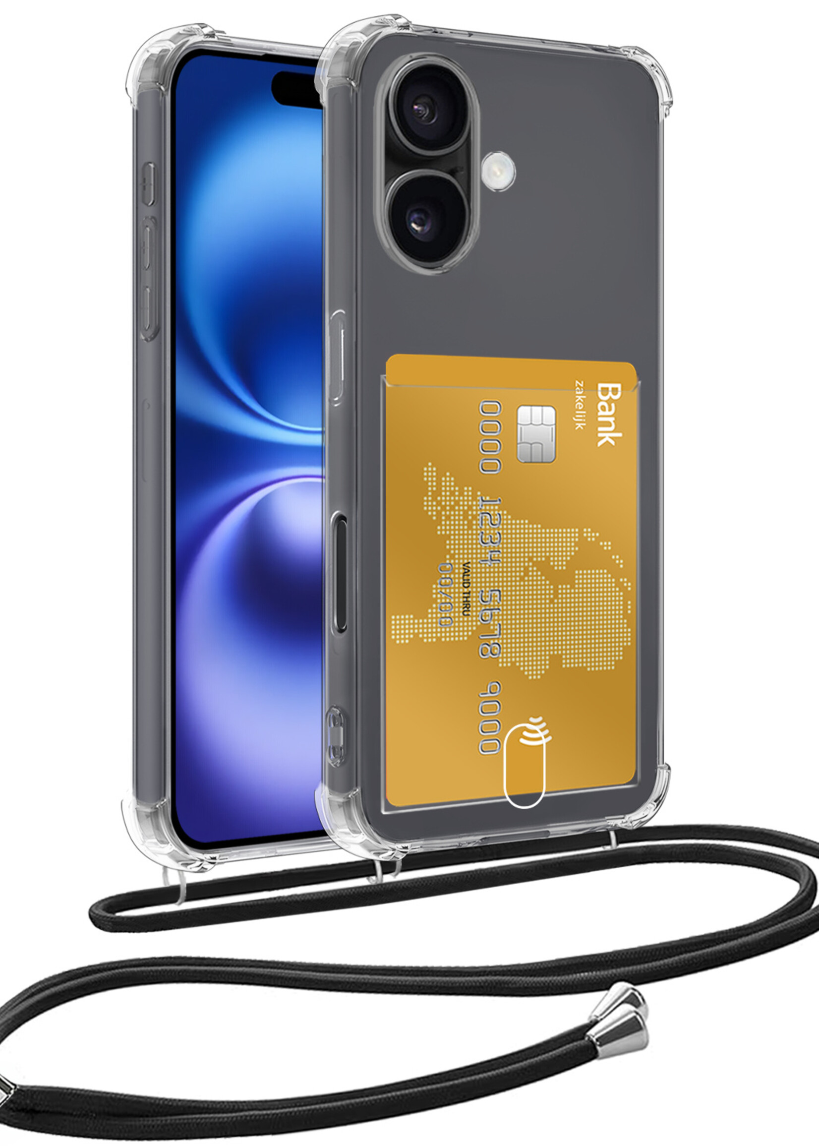 BTH Hoesje Geschikt voor iPhone 16 Plus Hoesje Met Telefoonkoord en Pasjeshouder Siliconen - Hoes Geschikt voor iPhone 16 Plus Hoesje Met Kaarthouder Shock Proof Case - Transparant