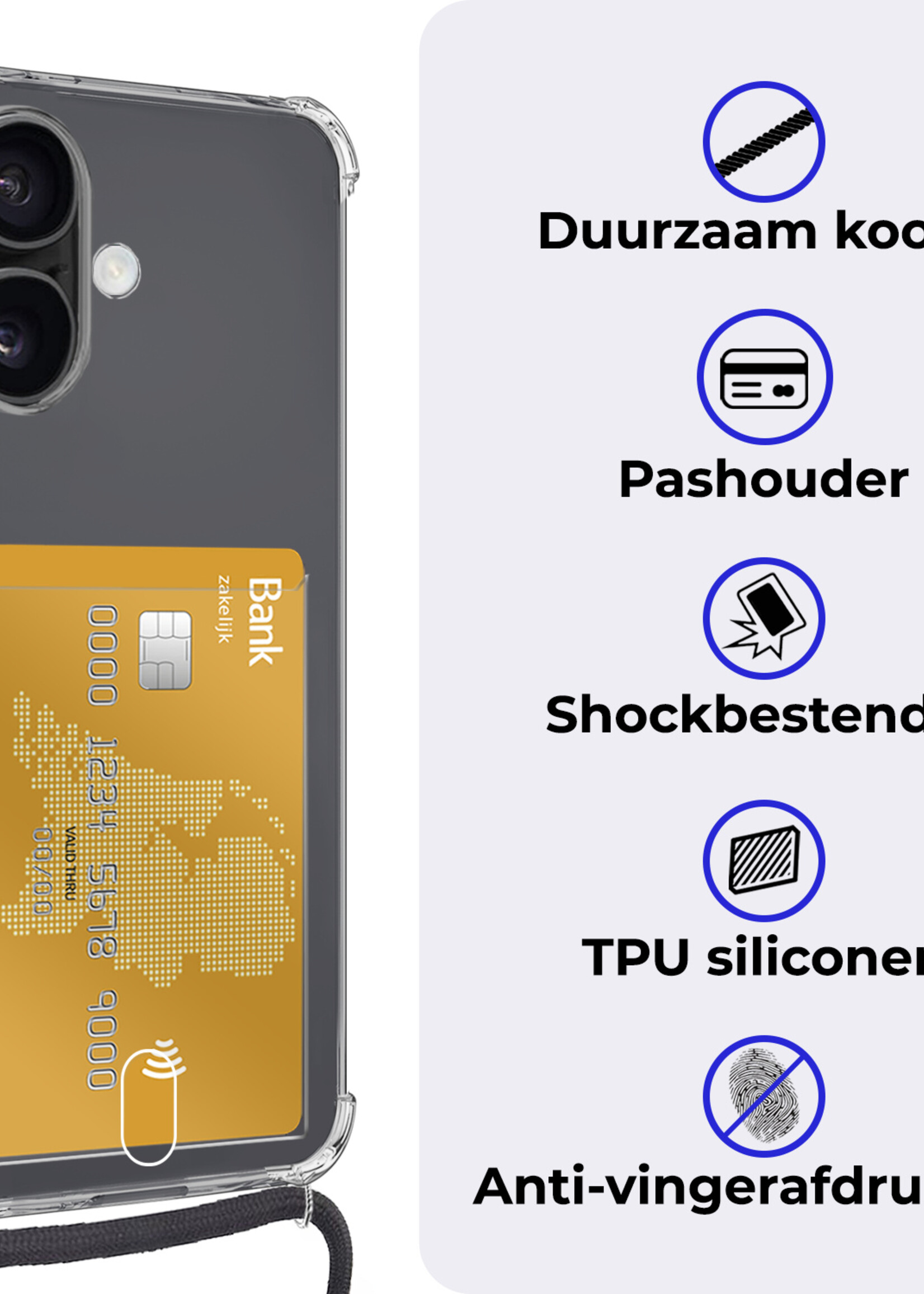 BTH Hoesje Geschikt voor iPhone 16 Plus Hoesje Met Telefoonkoord en Pasjeshouder Siliconen - Hoes Geschikt voor iPhone 16 Plus Hoesje Met Kaarthouder Shock Proof Case - Transparant