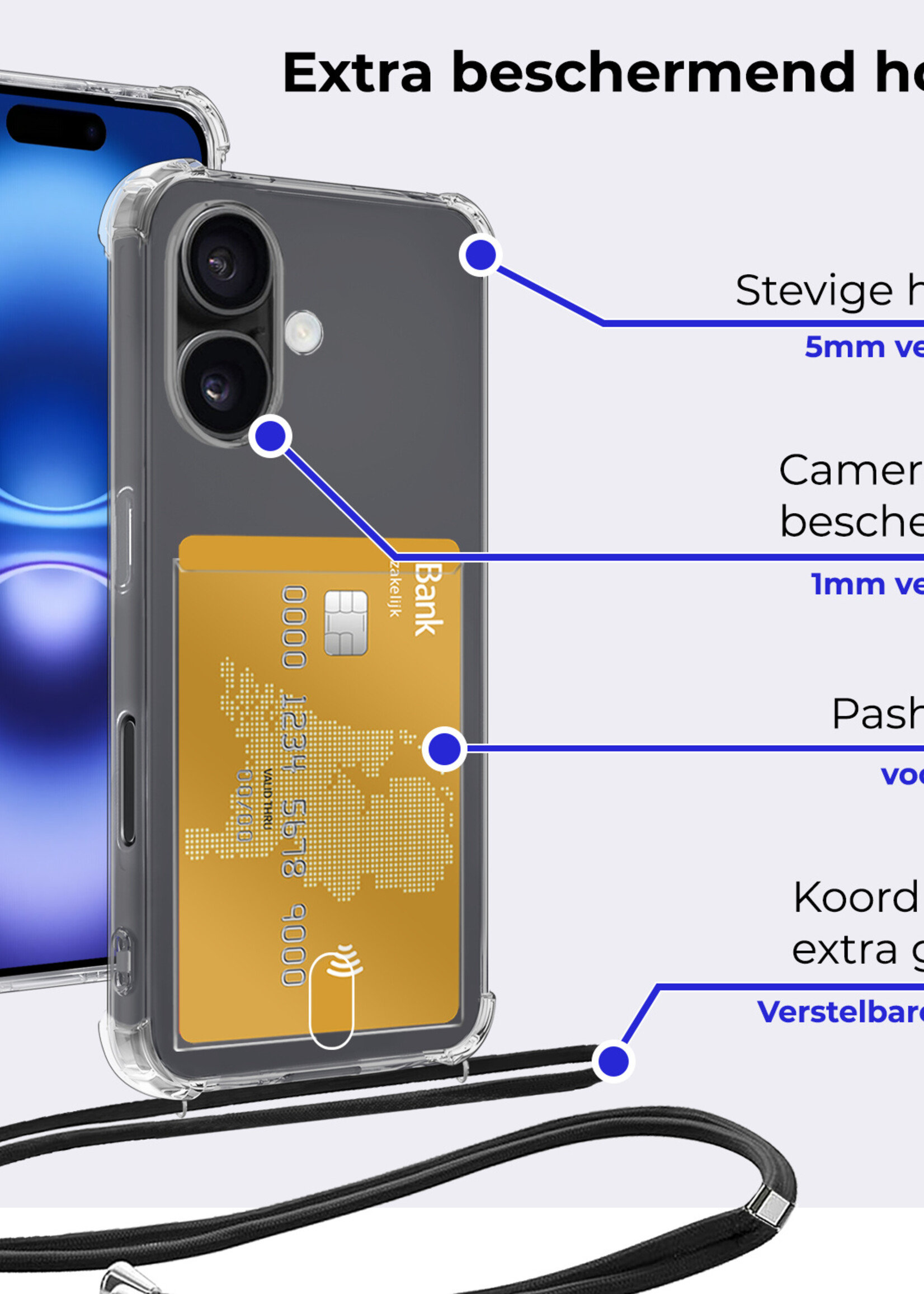 BTH Hoesje Geschikt voor iPhone 16 Plus Hoesje Met Telefoonkoord en Pasjeshouder Siliconen - Hoes Geschikt voor iPhone 16 Plus Hoesje Met Kaarthouder Shock Proof Case - Transparant
