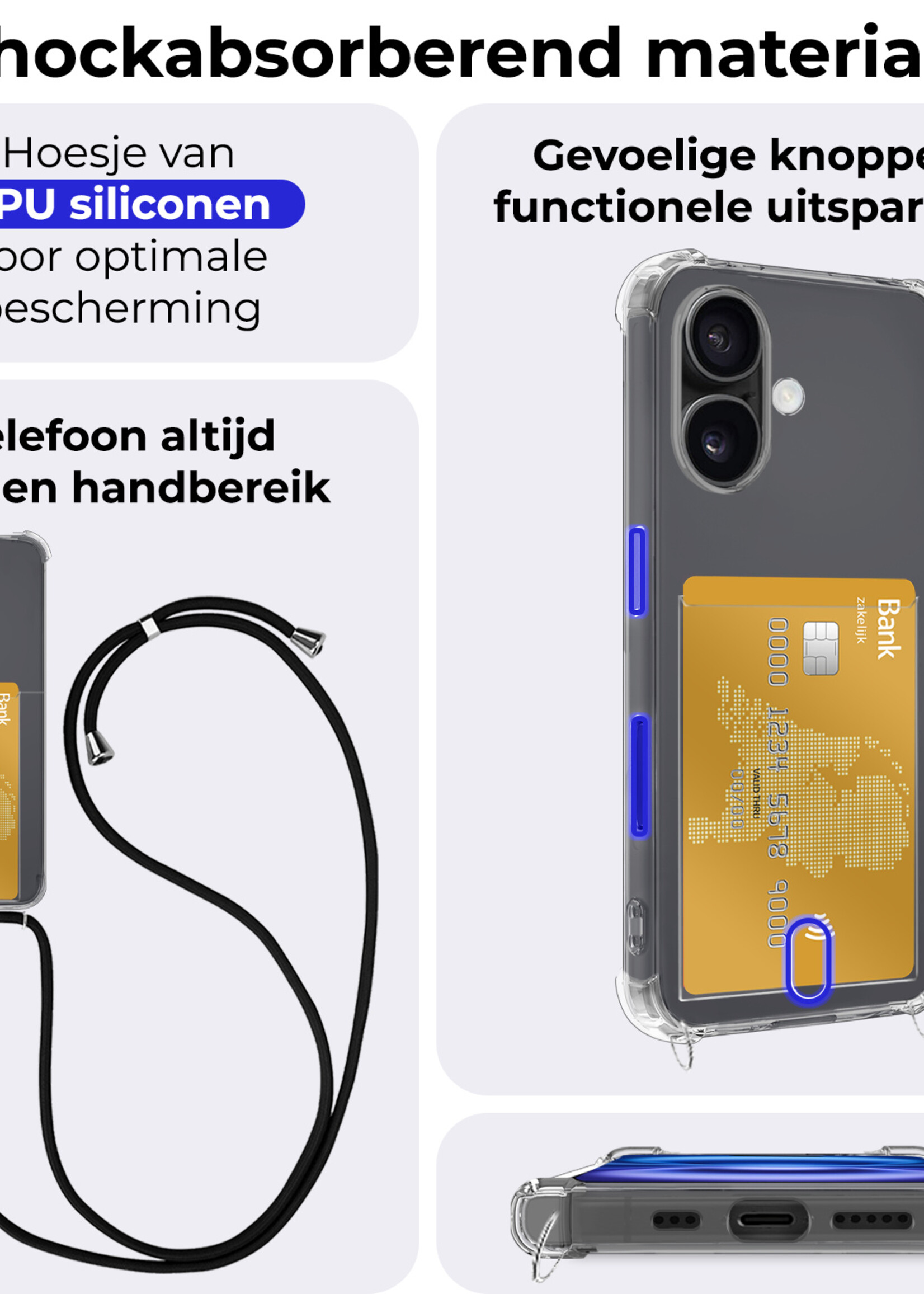 BTH Hoesje Geschikt voor iPhone 16 Plus Hoesje Met Telefoonkoord en Pasjeshouder Siliconen - Hoes Geschikt voor iPhone 16 Plus Hoesje Met Kaarthouder Shock Proof Case - Transparant