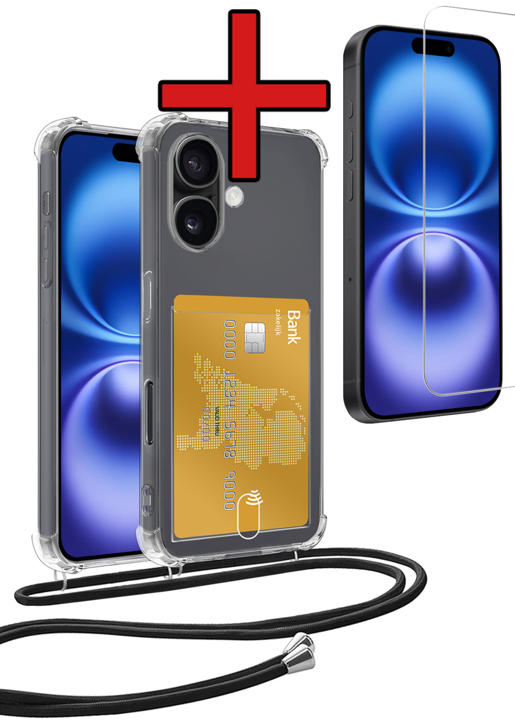 BTH Hoesje Geschikt voor iPhone 16 Plus Hoesje Met Telefoonkoord en Pasjeshouder Met Screenprotector Siliconen - Hoes Geschikt voor iPhone 16 Plus Hoesje Met Kaarthouder Shock Proof Case - Transparant