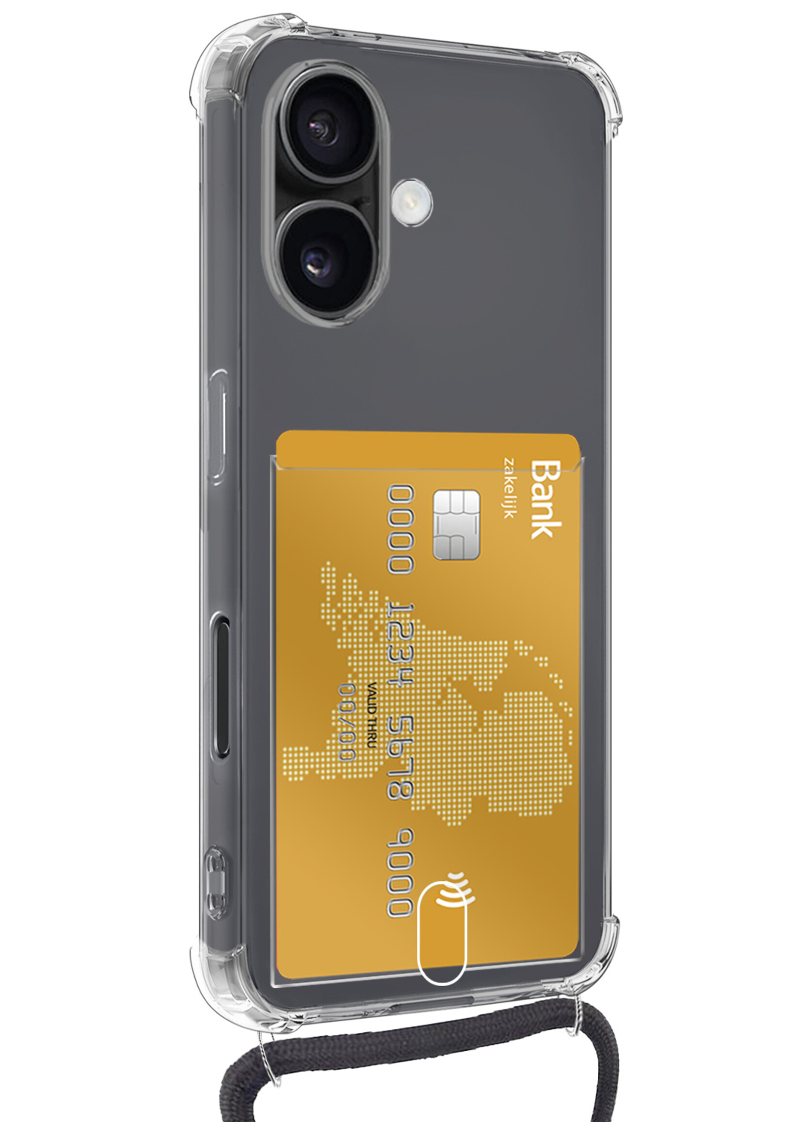 BTH Hoesje Geschikt voor iPhone 16 Plus Hoesje Met Telefoonkoord en Pasjeshouder Met Screenprotector Siliconen - Hoes Geschikt voor iPhone 16 Plus Hoesje Met Kaarthouder Shock Proof Case - Transparant