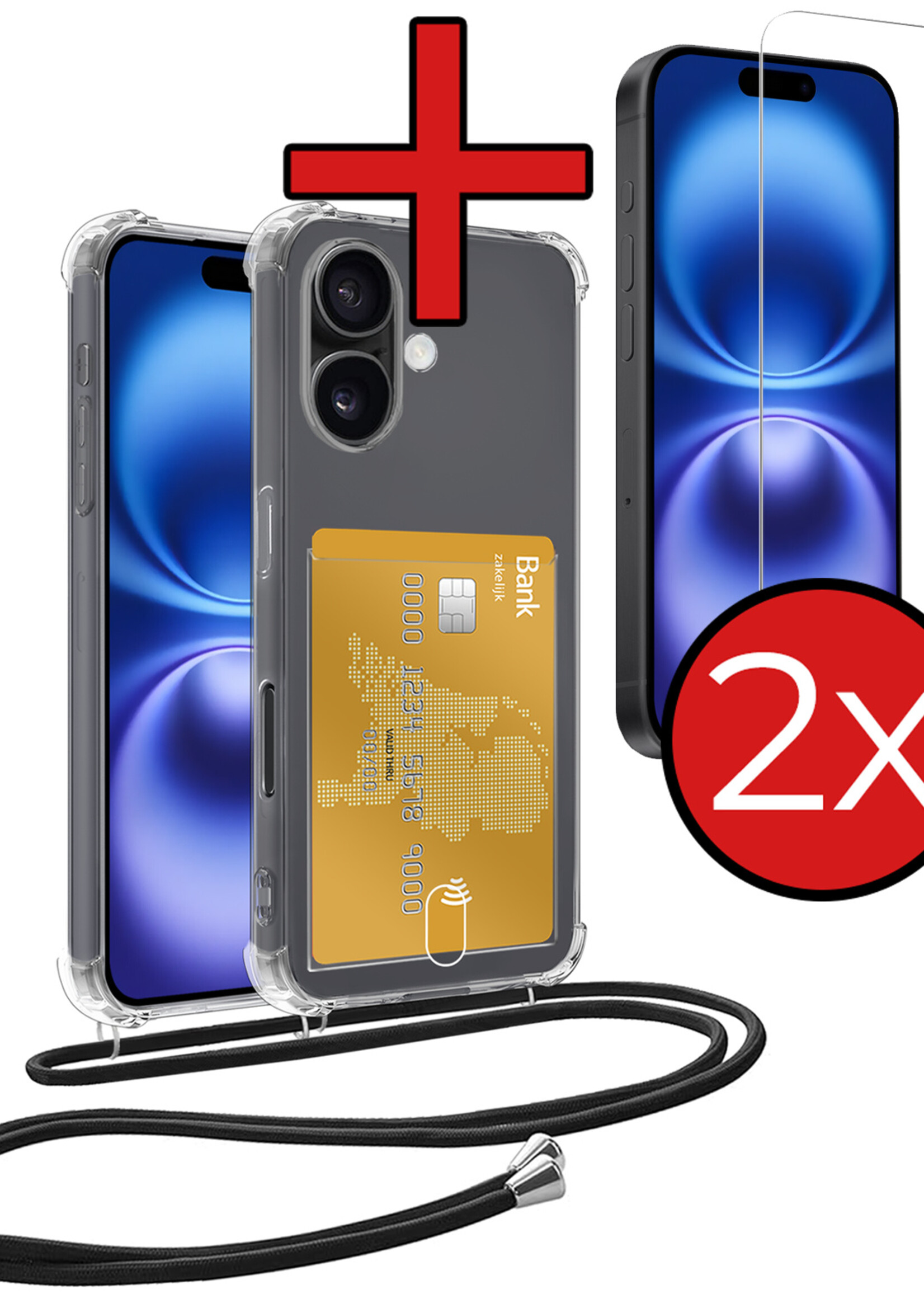 BTH Hoesje Geschikt voor iPhone 16 Plus Hoesje Met Telefoonkoord en Pasjeshouder Met 2x Screenprotector Siliconen - Hoes Geschikt voor iPhone 16 Plus Hoesje Met Kaarthouder Shock Proof Case - Transparant