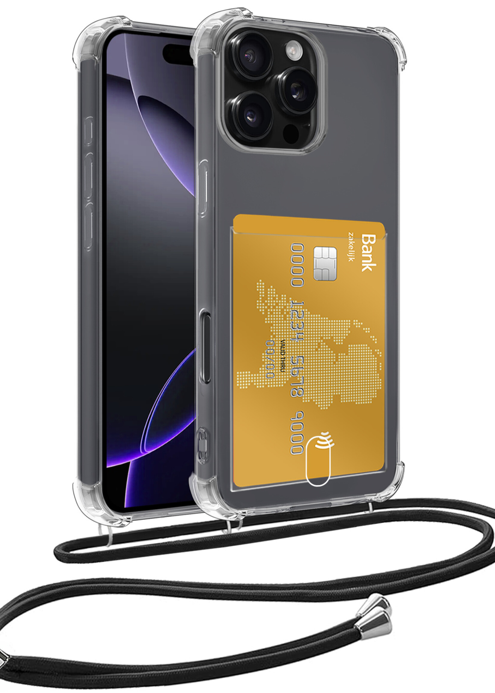 BTH Hoesje Geschikt voor iPhone 16 Pro Max Hoesje Met Telefoonkoord en Pasjeshouder Siliconen - Hoes Geschikt voor iPhone 16 Pro Max Hoesje Met Kaarthouder Shock Proof Case - Transparant