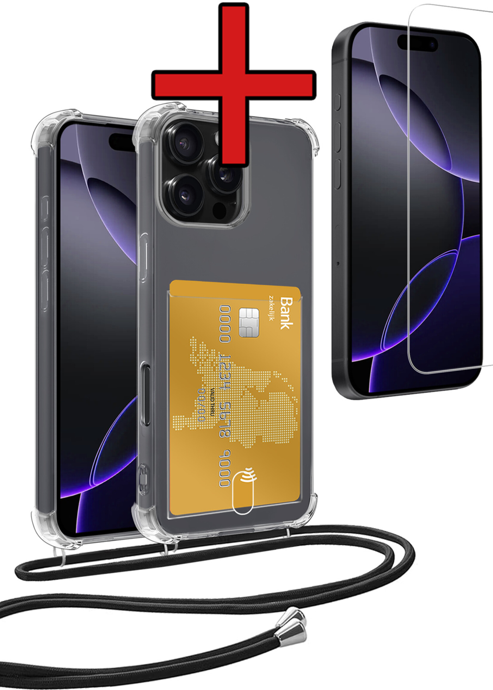 BTH Hoesje Geschikt voor iPhone 16 Pro Max Hoesje Met Telefoonkoord en Pasjeshouder Met Screenprotector Siliconen - Hoes Geschikt voor iPhone 16 Pro Max Hoesje Met Kaarthouder Shock Proof Case - Transparant