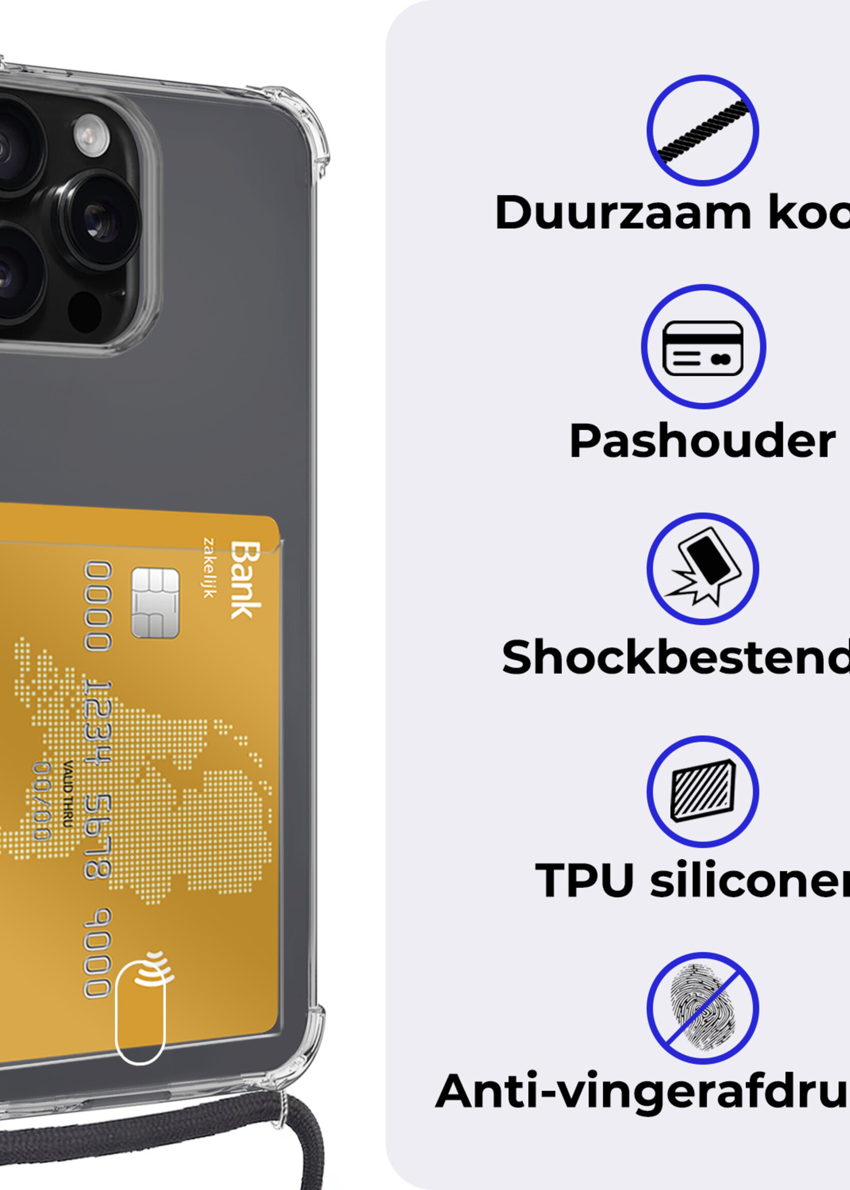 BTH Hoesje Geschikt voor iPhone 16 Pro Max Hoesje Met Telefoonkoord en Pasjeshouder Met Screenprotector Siliconen - Hoes Geschikt voor iPhone 16 Pro Max Hoesje Met Kaarthouder Shock Proof Case - Transparant
