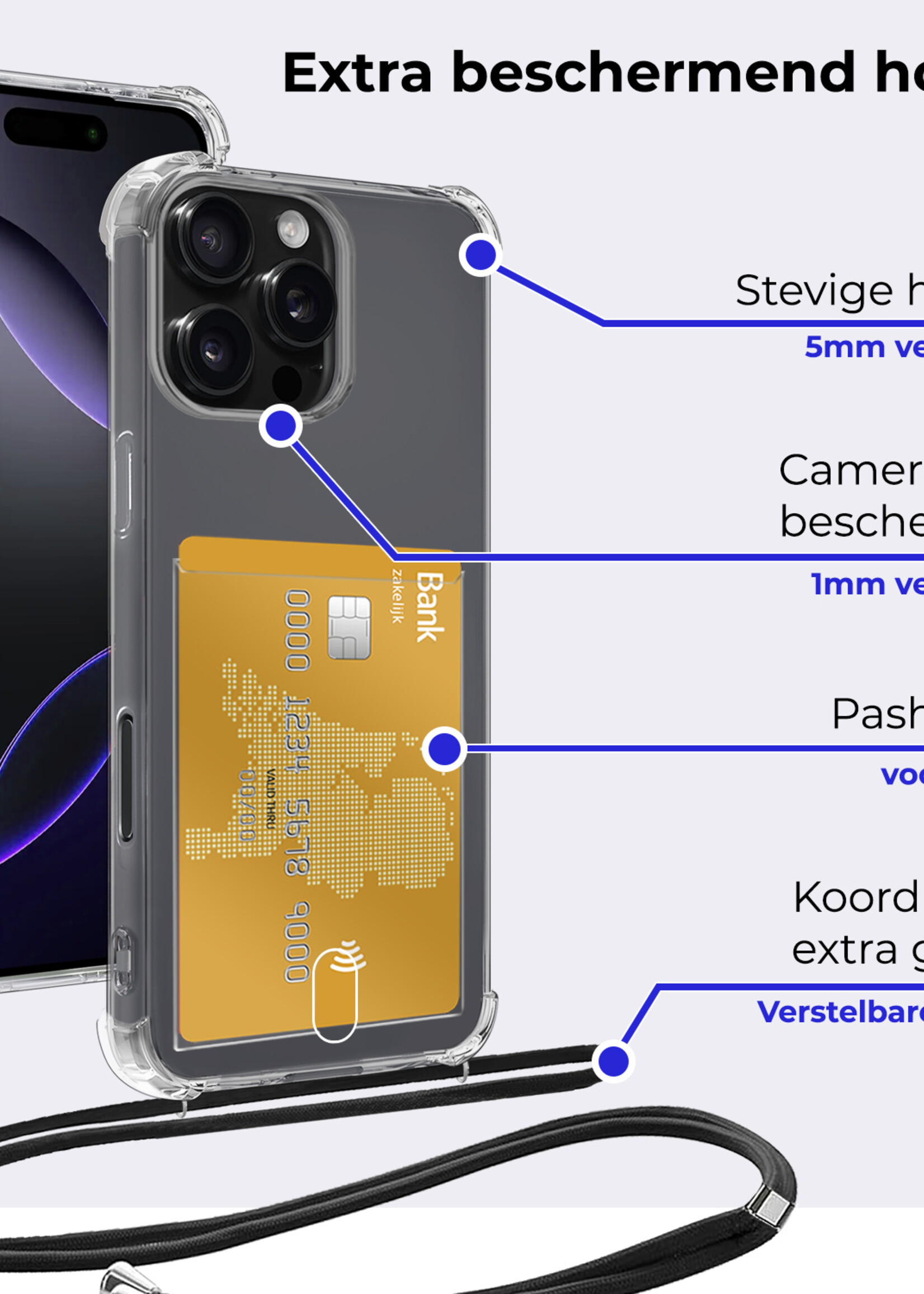 BTH Hoesje Geschikt voor iPhone 16 Pro Max Hoesje Met Telefoonkoord en Pasjeshouder Met Screenprotector Siliconen - Hoes Geschikt voor iPhone 16 Pro Max Hoesje Met Kaarthouder Shock Proof Case - Transparant