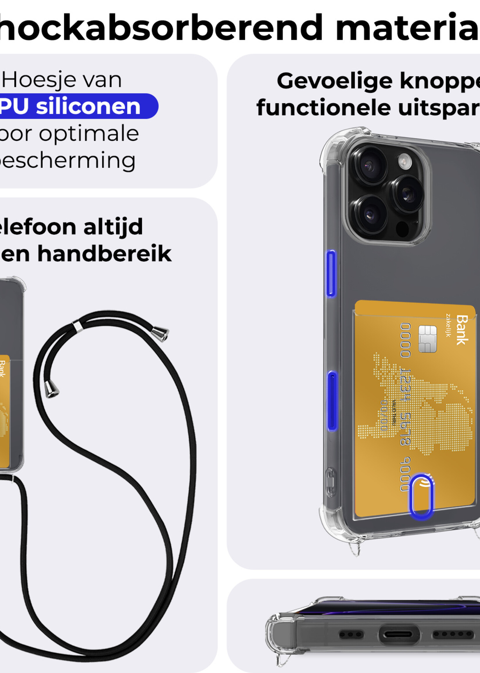 BTH Hoesje Geschikt voor iPhone 16 Pro Max Hoesje Met Telefoonkoord en Pasjeshouder Met Screenprotector Siliconen - Hoes Geschikt voor iPhone 16 Pro Max Hoesje Met Kaarthouder Shock Proof Case - Transparant