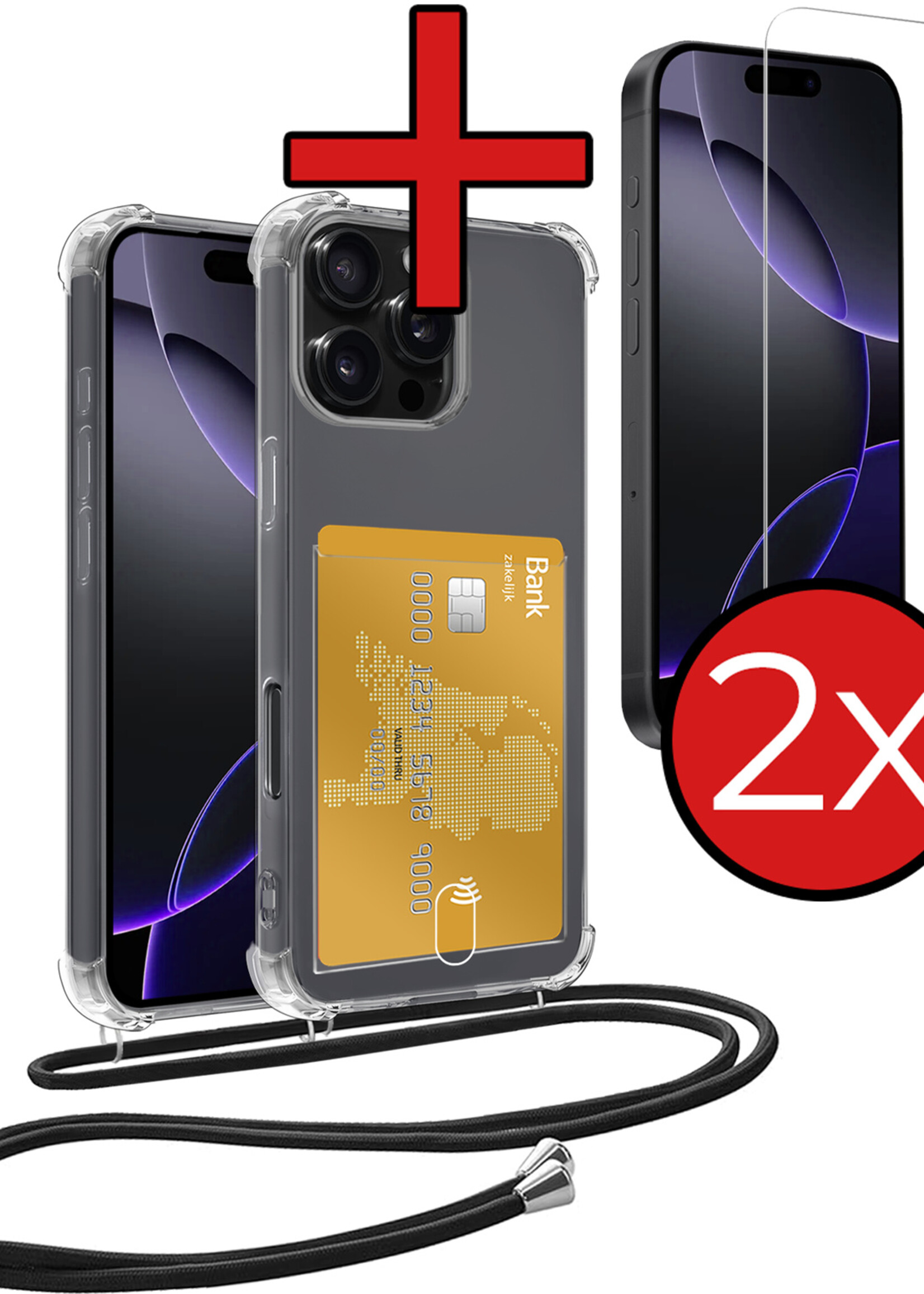 BTH Hoesje Geschikt voor iPhone 16 Pro Max Hoesje Met Telefoonkoord en Pasjeshouder Met 2x Screenprotector Siliconen - Hoes Geschikt voor iPhone 16 Pro Max Hoesje Met Kaarthouder Shock Proof Case - Transparant