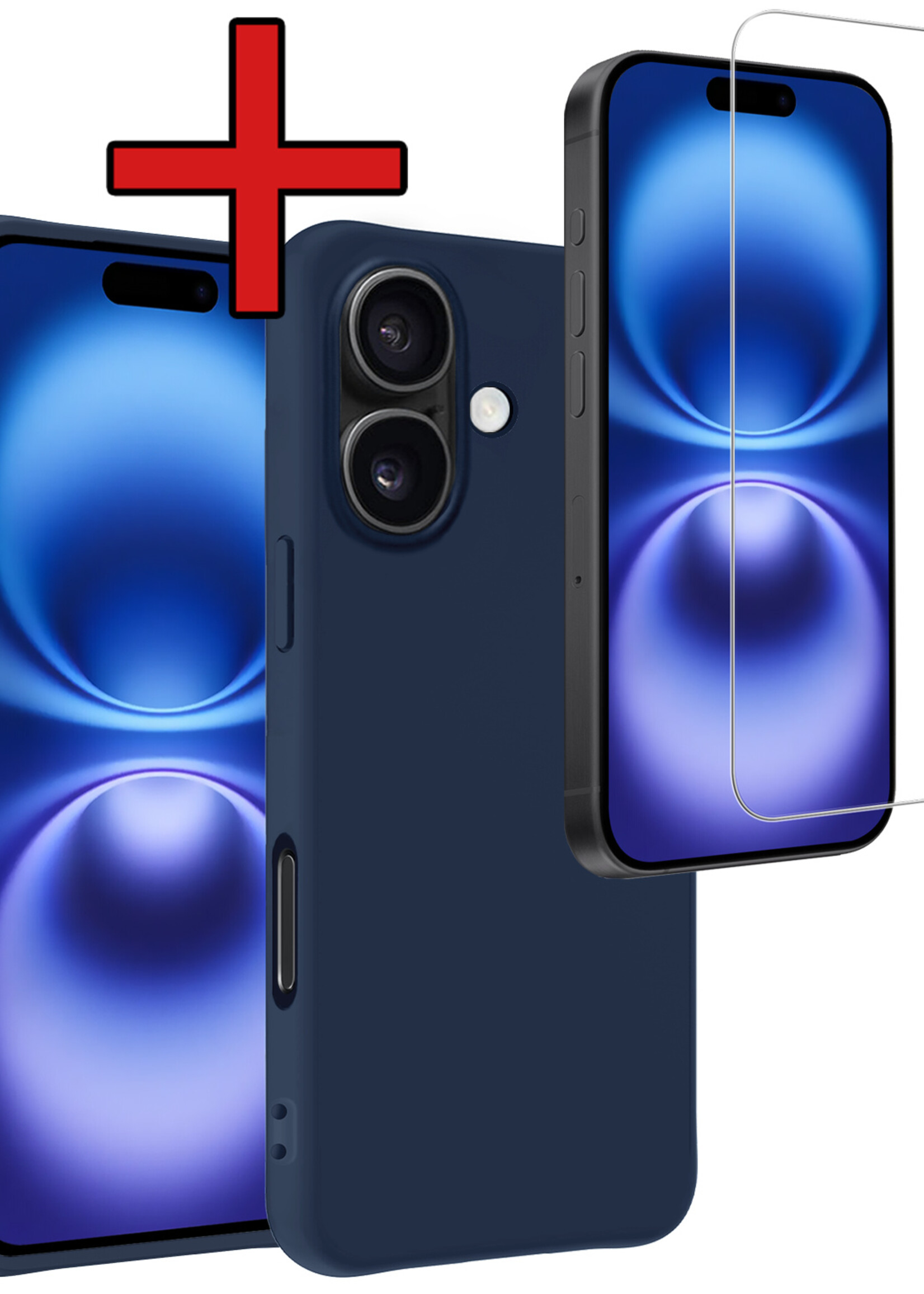 BTH Hoesje Geschikt voor iPhone 16 Hoesje Siliconen Case Hoes Met Screenprotector - Hoes Geschikt voor iPhone 16 Hoes Cover Case - Donkerblauw