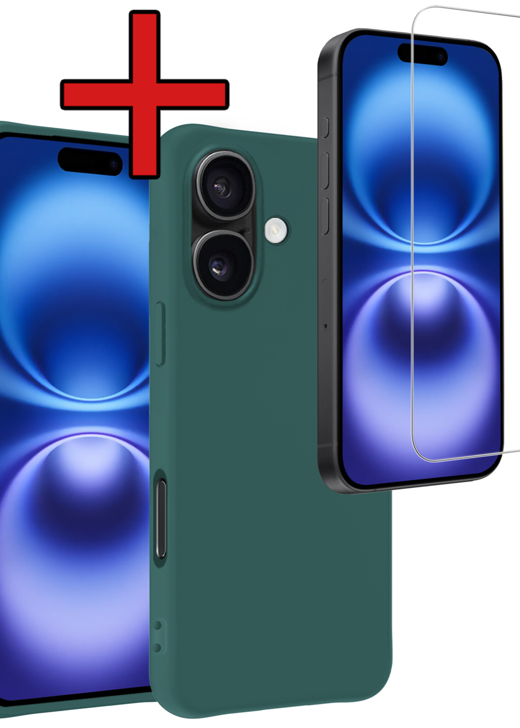 BTH Hoesje Geschikt voor iPhone 16 Hoesje Siliconen Case Hoes Met Screenprotector - Hoes Geschikt voor iPhone 16 Hoes Cover Case - Donkergroen