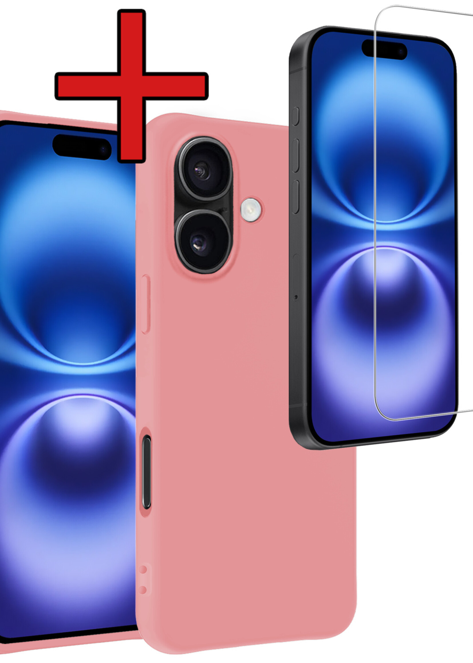 BTH Hoesje Geschikt voor iPhone 16 Hoesje Siliconen Case Hoes Met Screenprotector - Hoes Geschikt voor iPhone 16 Hoes Cover Case - Lichtroze