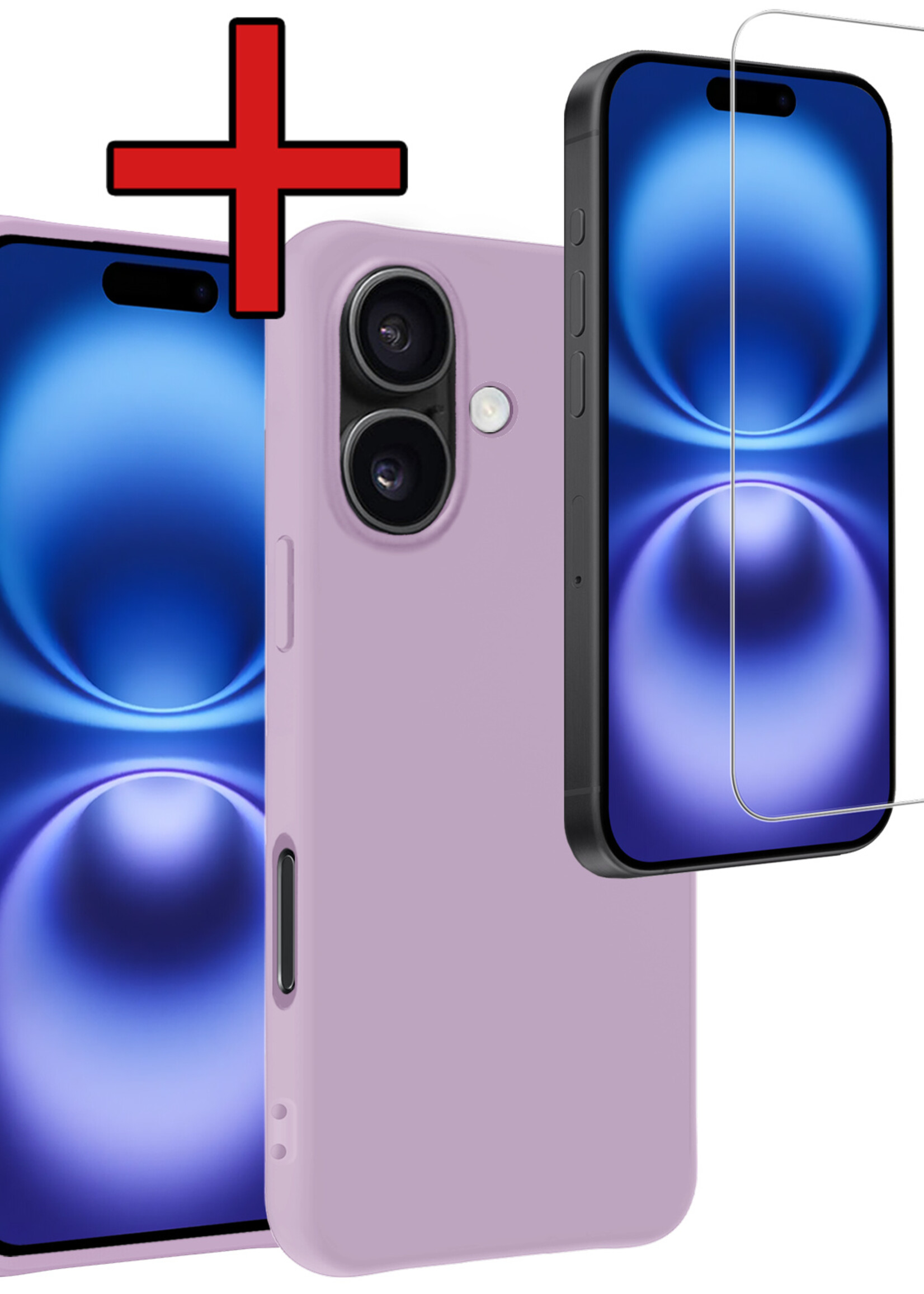 BTH Hoesje Geschikt voor iPhone 16 Hoesje Siliconen Case Hoes Met Screenprotector - Hoes Geschikt voor iPhone 16 Hoes Cover Case - Lila