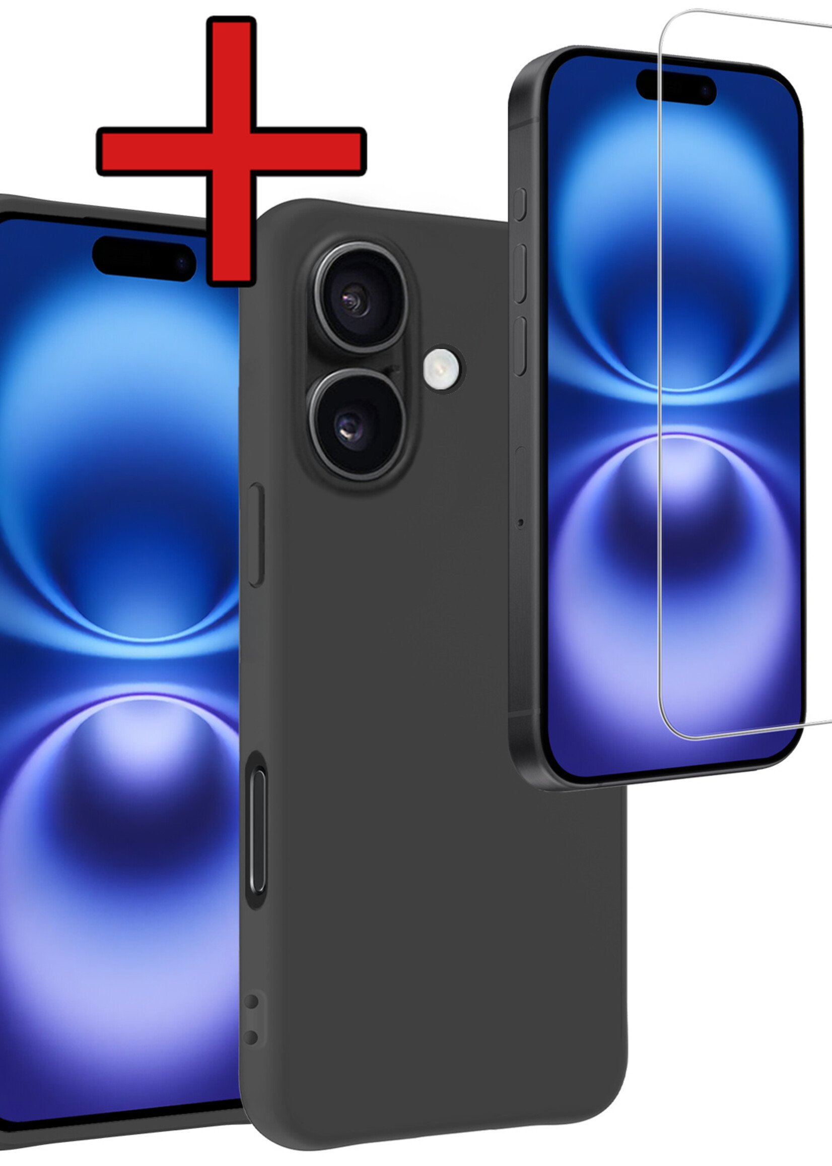 BTH Hoesje Geschikt voor iPhone 16 Hoesje Siliconen Case Hoes Met Screenprotector - Hoes Geschikt voor iPhone 16 Hoes Cover Case - Zwart