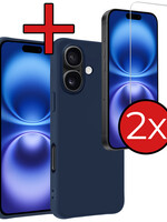 BTH BTH iPhone 16 Hoesje Siliconen Met 2x Screenprotector Met Dichte Notch - Donkerblauw