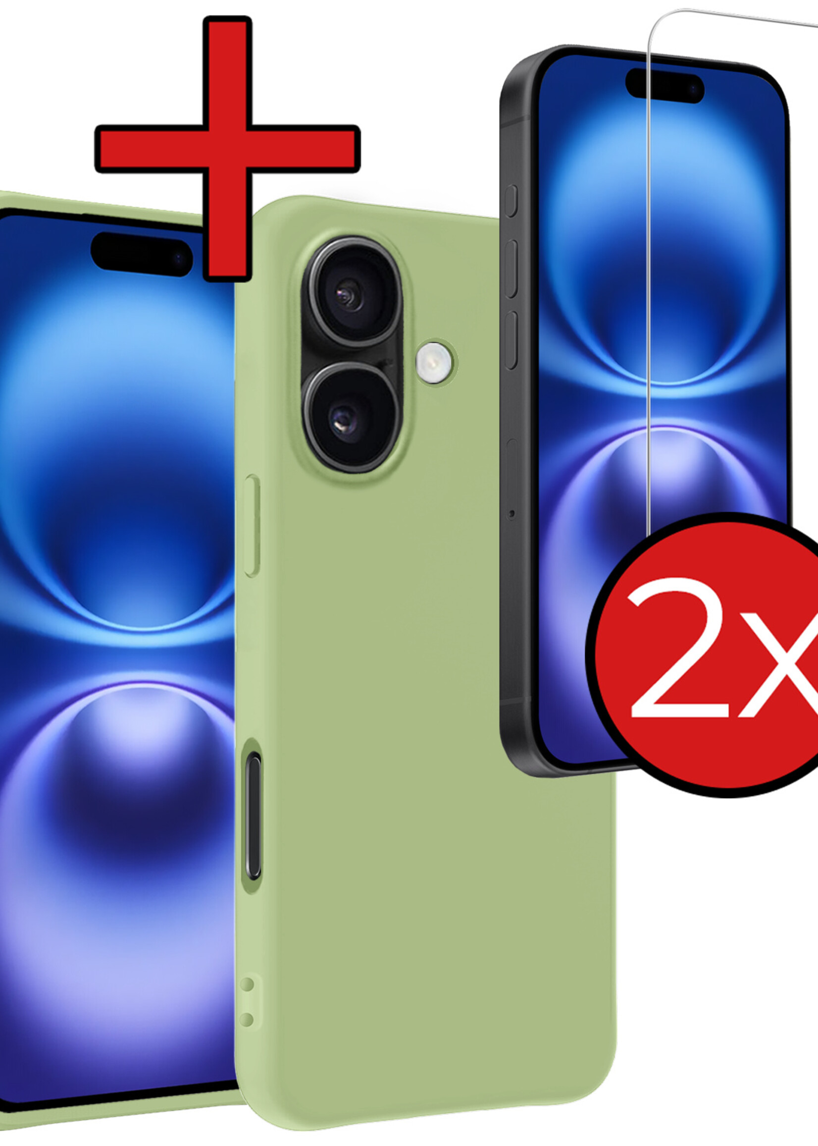 BTH Hoesje Geschikt voor iPhone 16 Hoesje Siliconen Case Hoes Met 2x Screenprotector - Hoes Geschikt voor iPhone 16 Hoes Cover Case - Groen