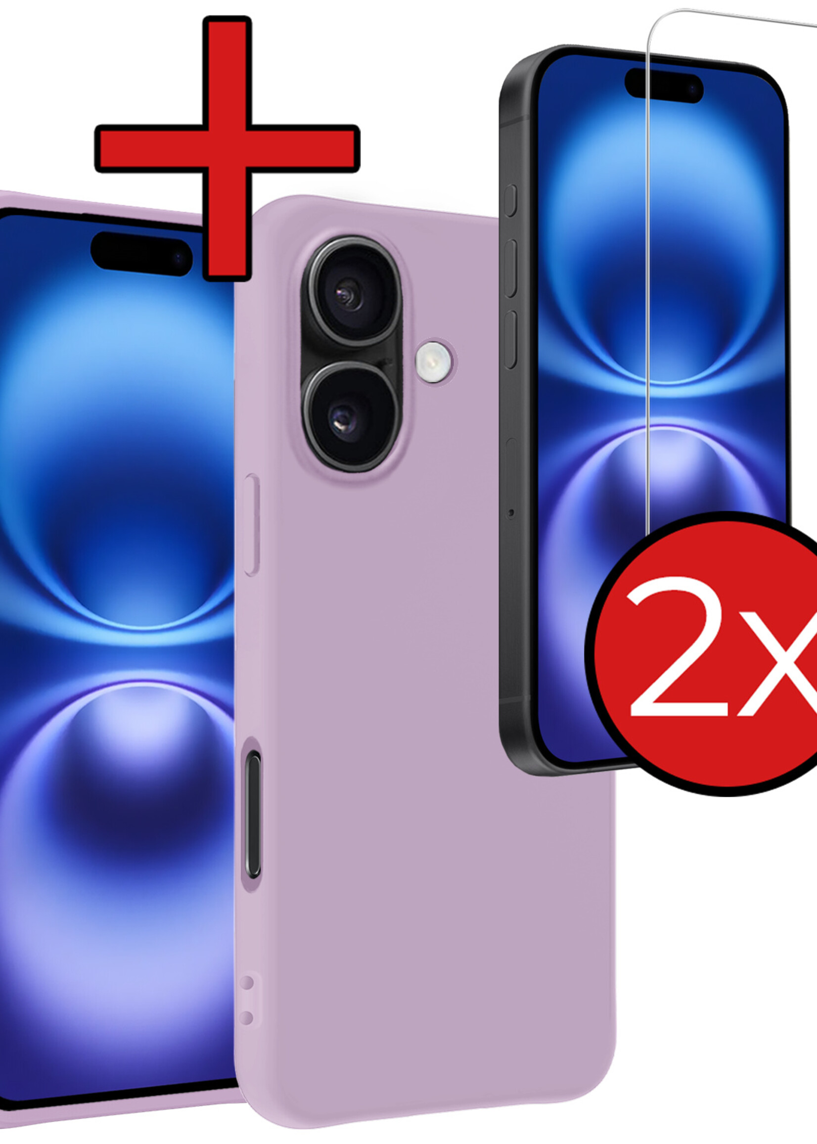 BTH Hoesje Geschikt voor iPhone 16 Hoesje Siliconen Case Hoes Met 2x Screenprotector - Hoes Geschikt voor iPhone 16 Hoes Cover Case - Lila