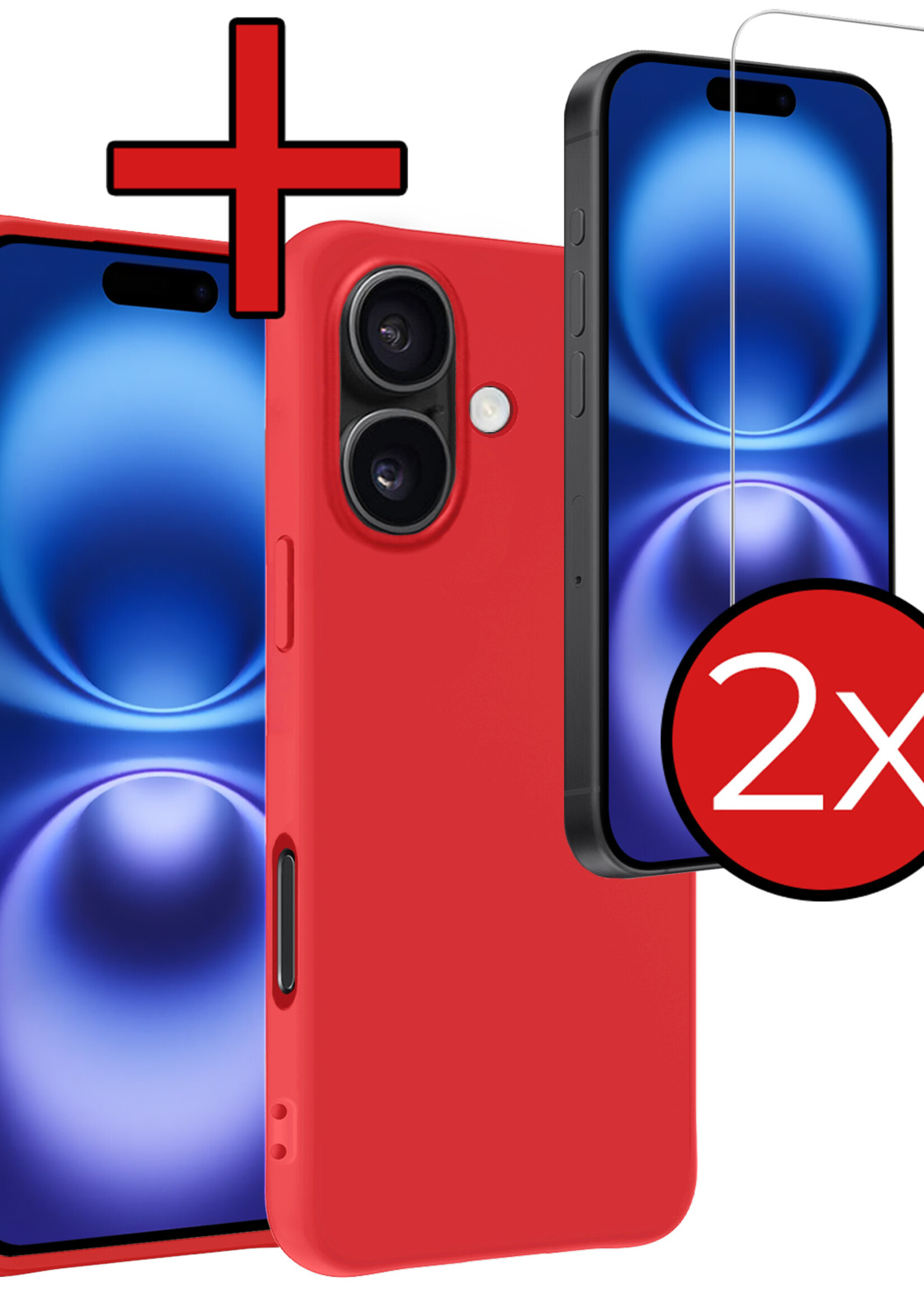 BTH Hoesje Geschikt voor iPhone 16 Hoesje Siliconen Case Hoes Met 2x Screenprotector - Hoes Geschikt voor iPhone 16 Hoes Cover Case - Rood