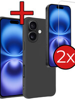 BTH BTH iPhone 16 Hoesje Siliconen Met 2x Screenprotector Met Dichte Notch - Zwart