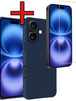 BTH BTH iPhone 16 Plus Hoesje Siliconen Met Screenprotector Met Dichte Notch - Donkerblauw