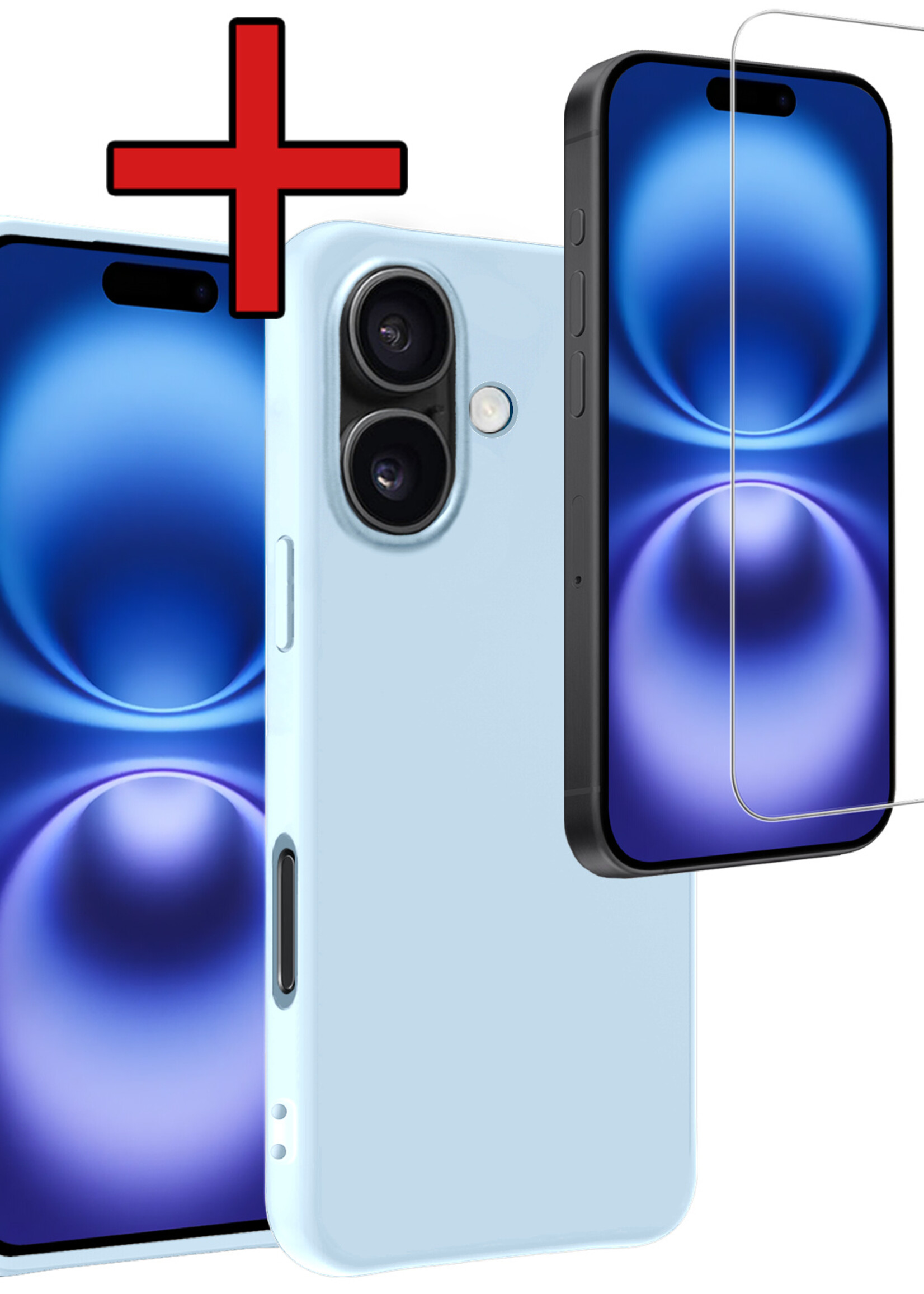 BTH Hoesje Geschikt voor iPhone 16 Plus Hoesje Siliconen Case Hoes Met Screenprotector - Hoes Geschikt voor iPhone 16 Plus Hoes Cover Case - Lichtblauw