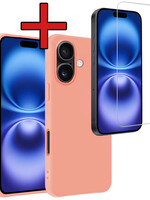 BTH BTH iPhone 16 Plus Hoesje Siliconen Met Screenprotector Met Dichte Notch - Perzik