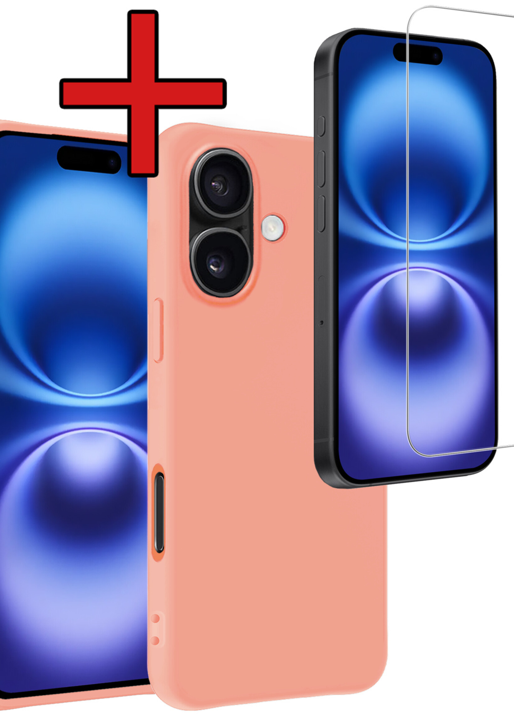 BTH Hoesje Geschikt voor iPhone 16 Plus Hoesje Siliconen Case Hoes Met Screenprotector - Hoes Geschikt voor iPhone 16 Plus Hoes Cover Case - Perzik