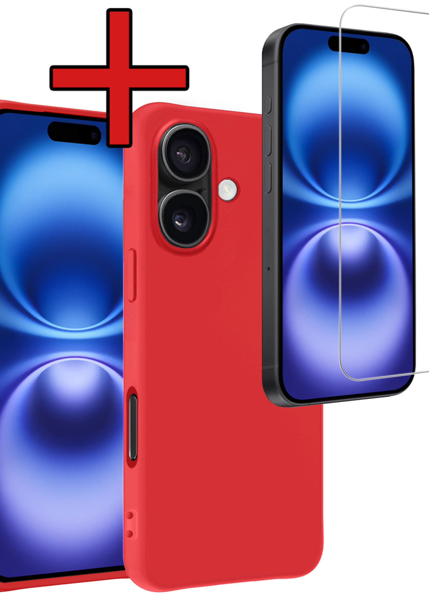 BTH Hoesje Geschikt voor iPhone 16 Plus Hoesje Siliconen Case Hoes Met Screenprotector - Hoes Geschikt voor iPhone 16 Plus Hoes Cover Case - Rood