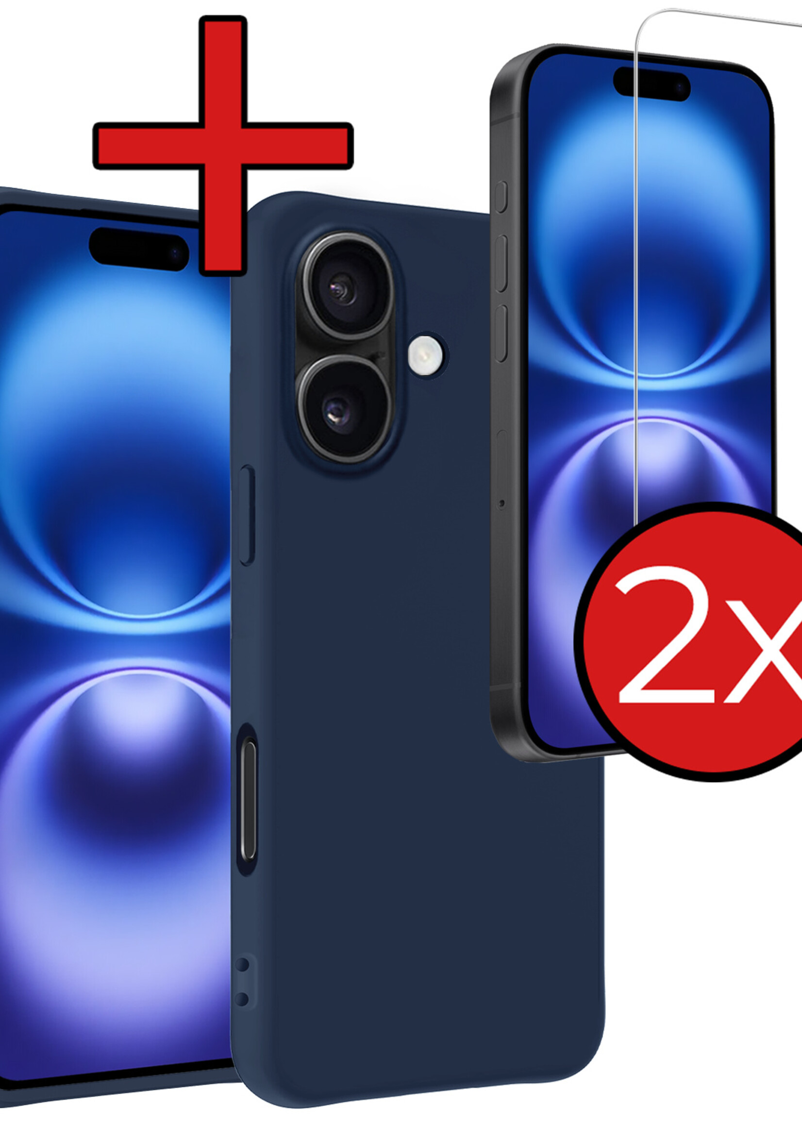 BTH Hoesje Geschikt voor iPhone 16 Plus Hoesje Siliconen Case Hoes Met 2x Screenprotector - Hoes Geschikt voor iPhone 16 Plus Hoes Cover Case - Donkerblauw