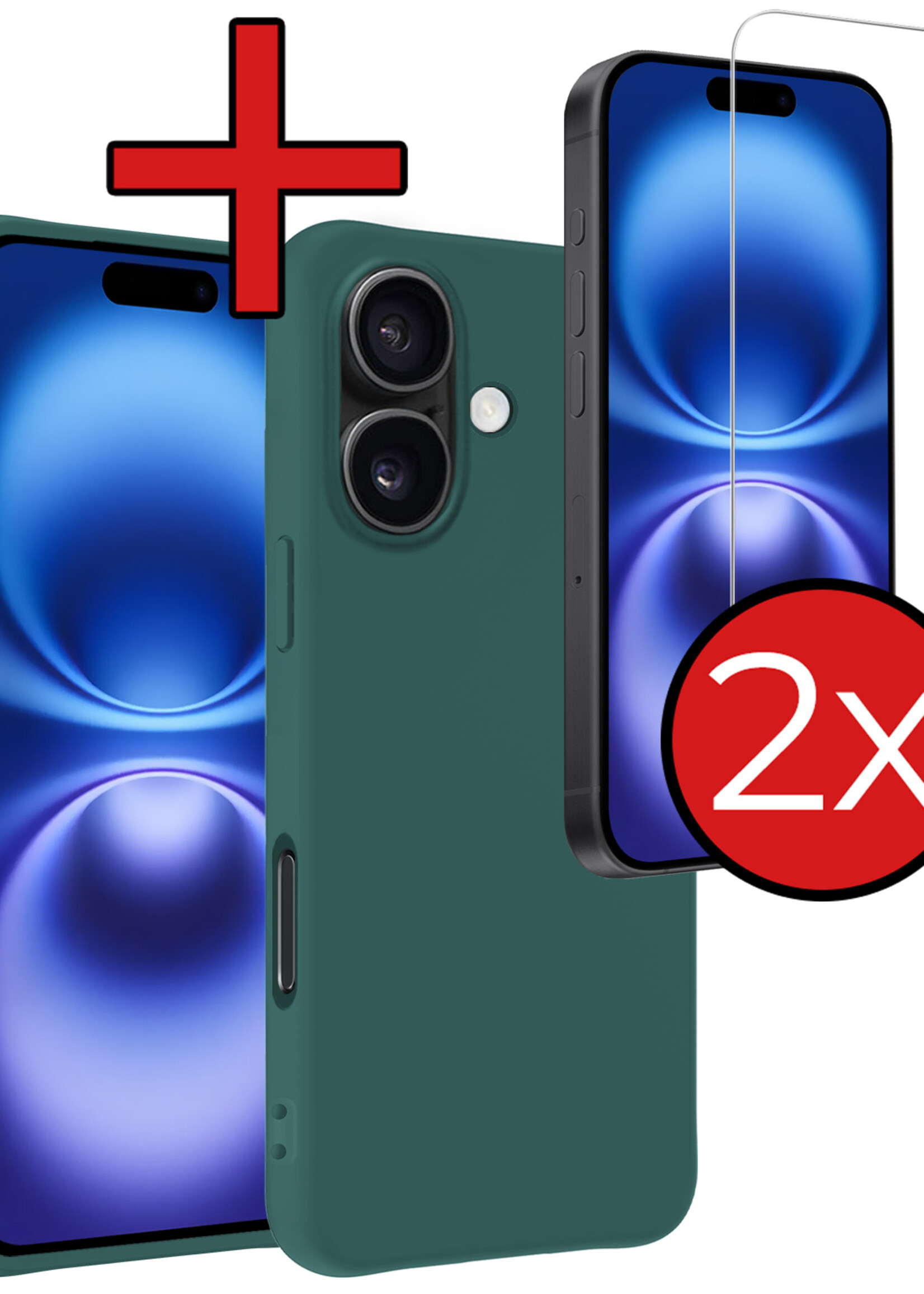 BTH Hoesje Geschikt voor iPhone 16 Plus Hoesje Siliconen Case Hoes Met 2x Screenprotector - Hoes Geschikt voor iPhone 16 Plus Hoes Cover Case - Donkergroen