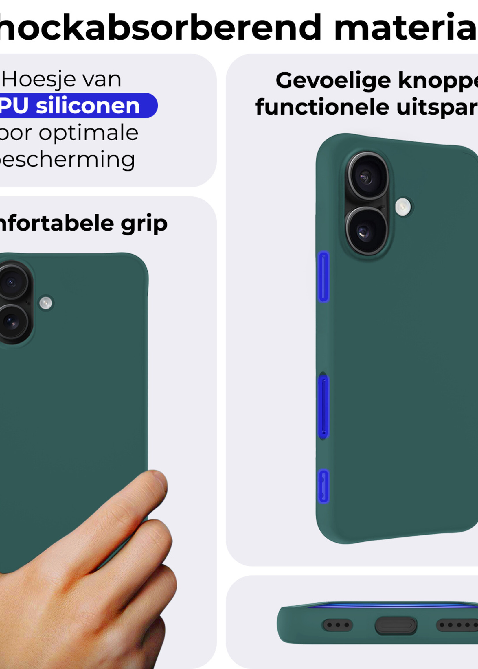 BTH Hoesje Geschikt voor iPhone 16 Plus Hoesje Siliconen Case Hoes Met 2x Screenprotector - Hoes Geschikt voor iPhone 16 Plus Hoes Cover Case - Donkergroen