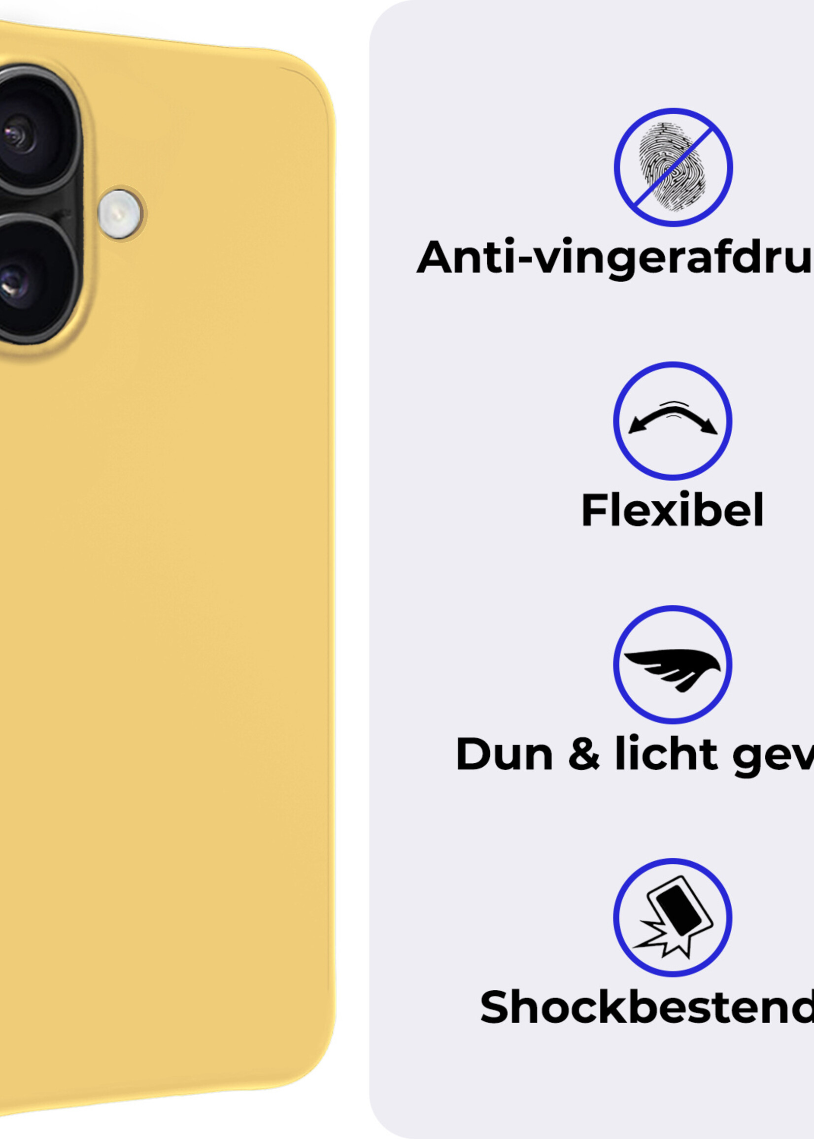 BTH Hoesje Geschikt voor iPhone 16 Plus Hoesje Siliconen Case Hoes Met 2x Screenprotector - Hoes Geschikt voor iPhone 16 Plus Hoes Cover Case - Geel
