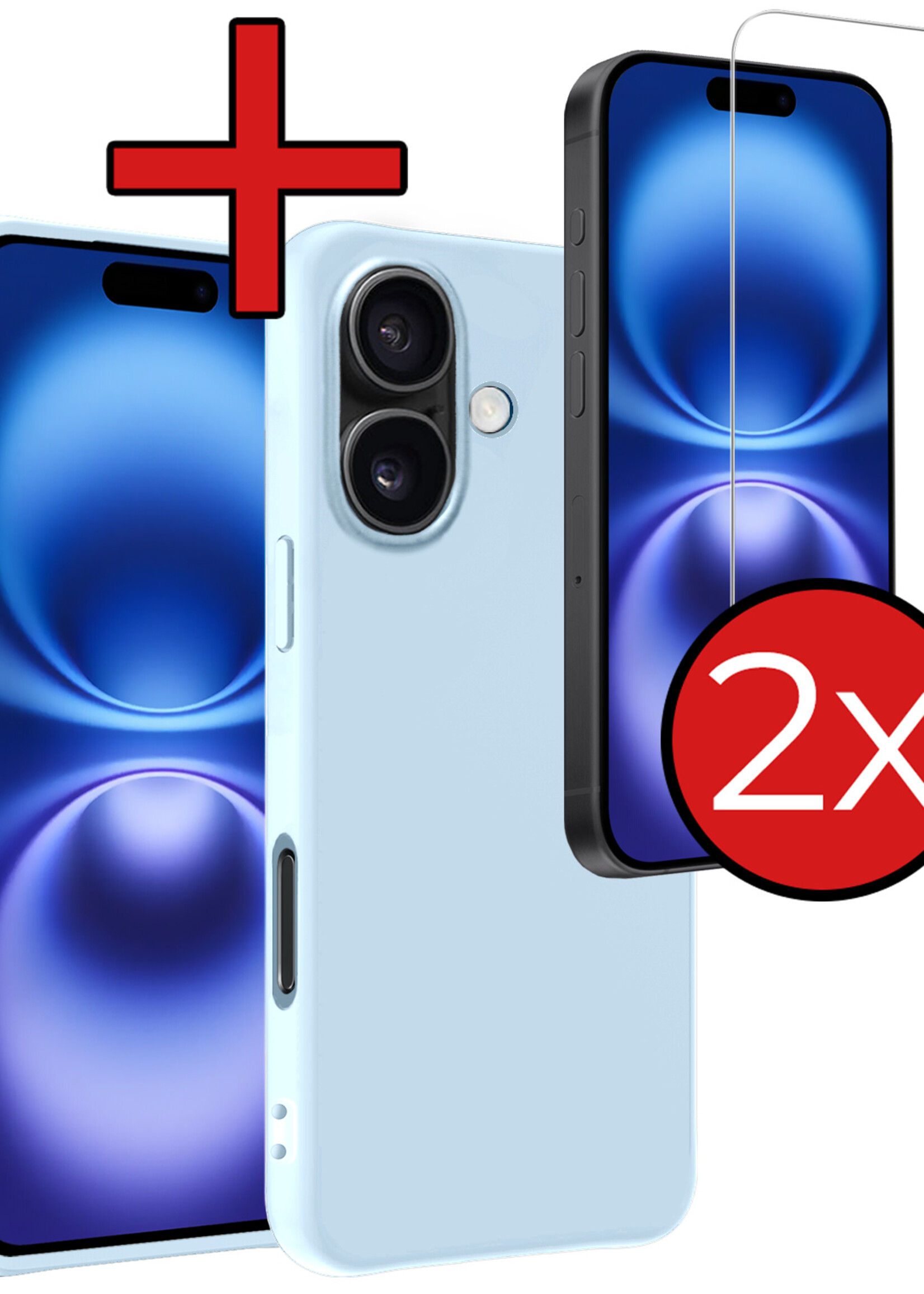 BTH Hoesje Geschikt voor iPhone 16 Plus Hoesje Siliconen Case Hoes Met 2x Screenprotector - Hoes Geschikt voor iPhone 16 Plus Hoes Cover Case - Lichtblauw