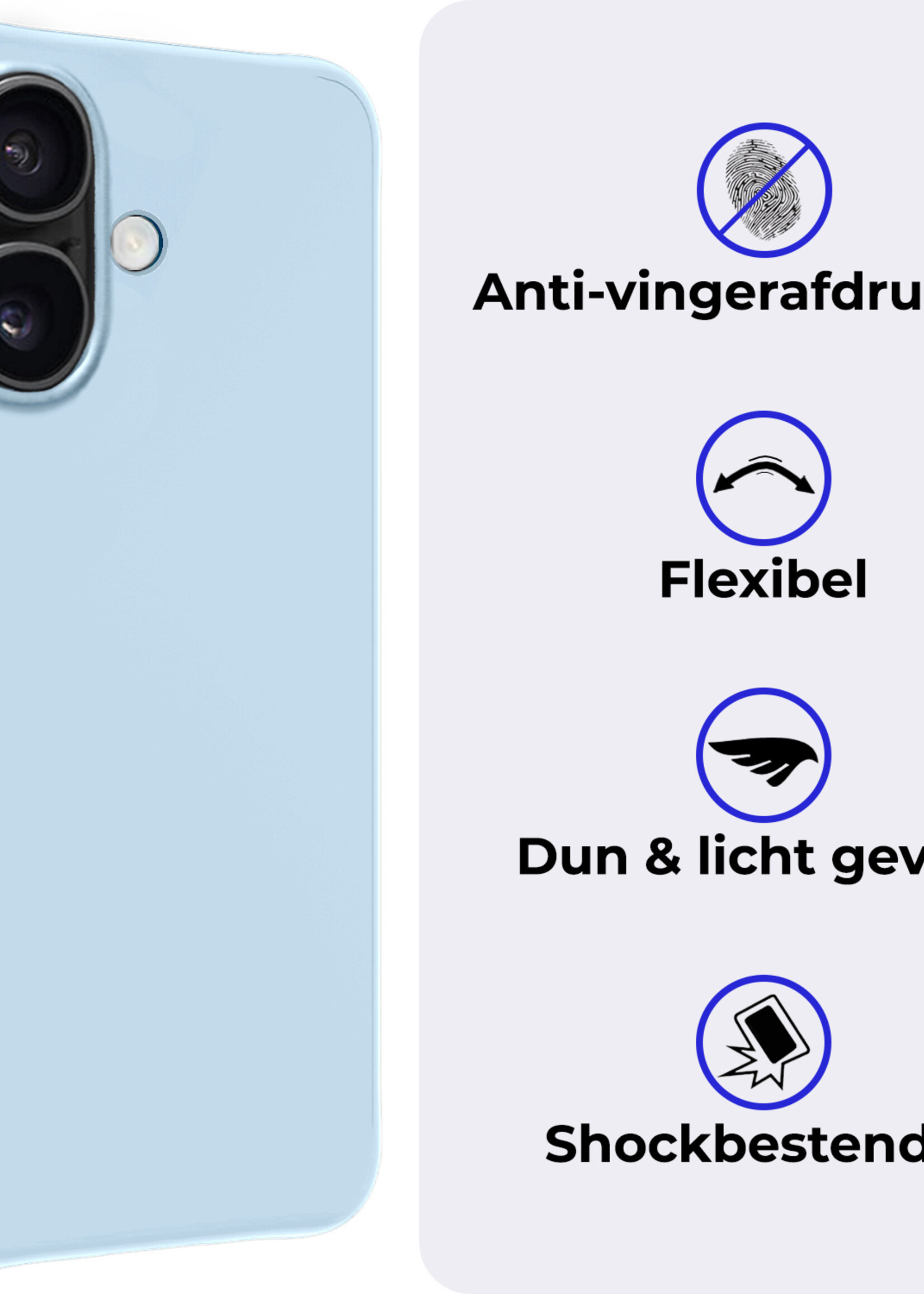 BTH Hoesje Geschikt voor iPhone 16 Plus Hoesje Siliconen Case Hoes Met 2x Screenprotector - Hoes Geschikt voor iPhone 16 Plus Hoes Cover Case - Lichtblauw