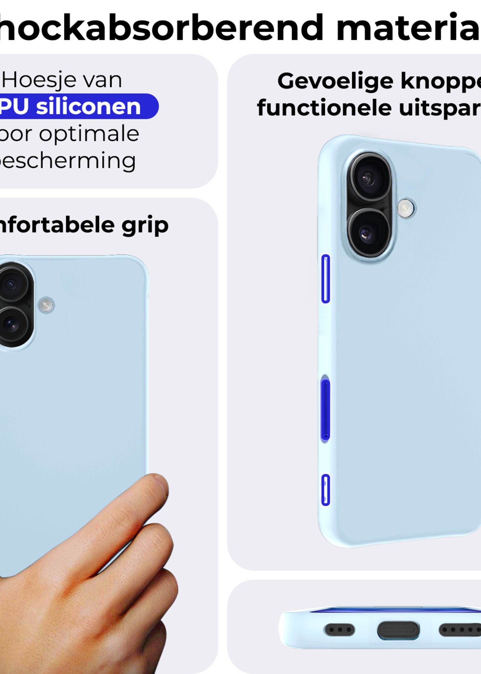 BTH Hoesje Geschikt voor iPhone 16 Plus Hoesje Siliconen Case Hoes Met 2x Screenprotector - Hoes Geschikt voor iPhone 16 Plus Hoes Cover Case - Lichtblauw