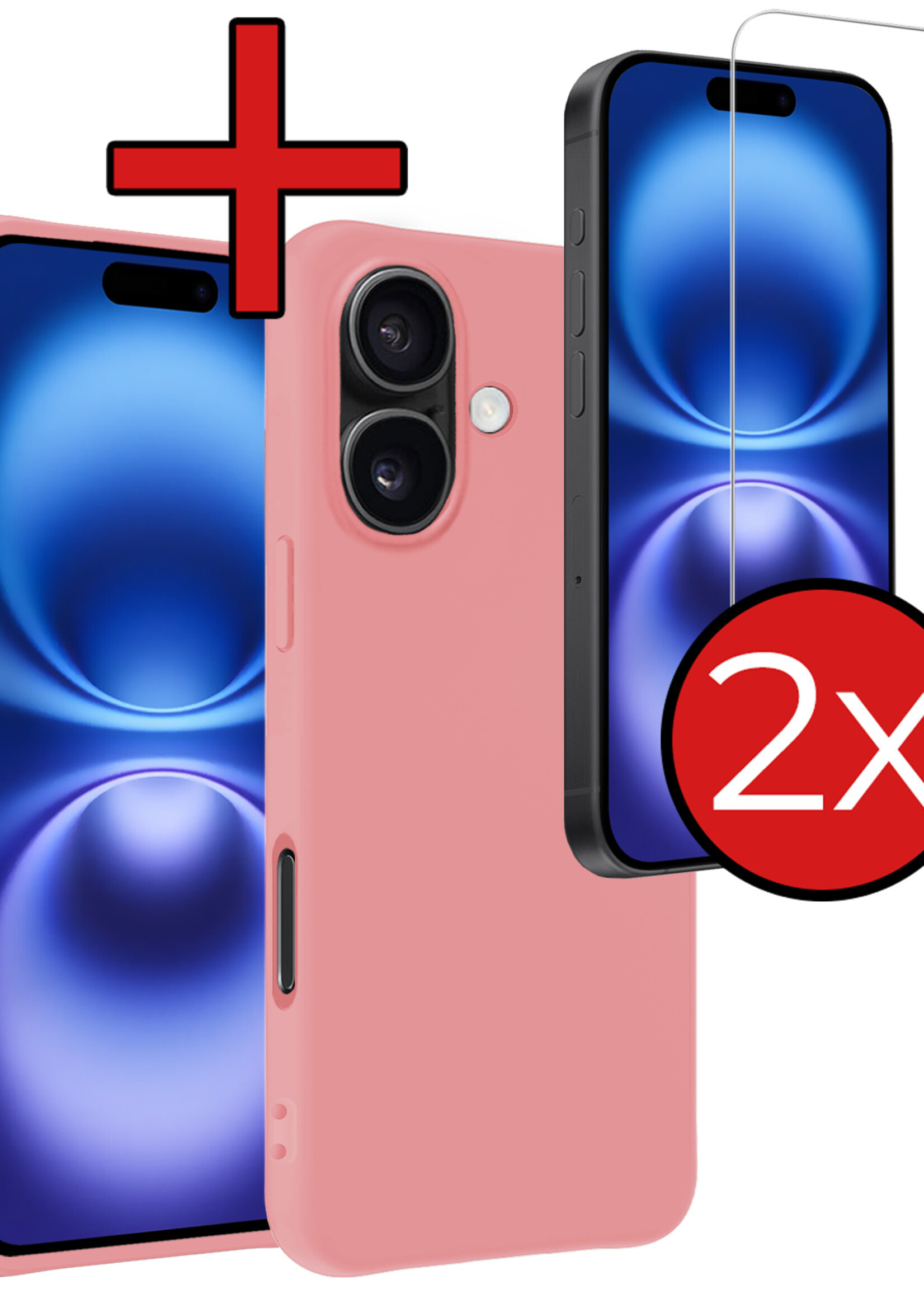 BTH Hoesje Geschikt voor iPhone 16 Plus Hoesje Siliconen Case Hoes Met 2x Screenprotector - Hoes Geschikt voor iPhone 16 Plus Hoes Cover Case - Lichtroze