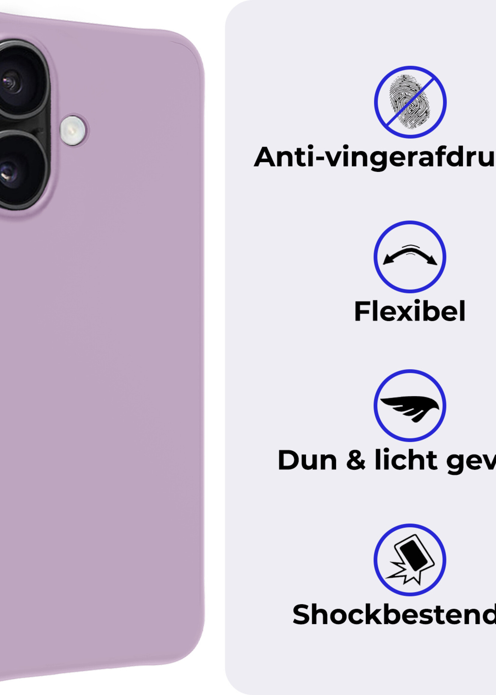 BTH Hoesje Geschikt voor iPhone 16 Plus Hoesje Siliconen Case Hoes Met 2x Screenprotector - Hoes Geschikt voor iPhone 16 Plus Hoes Cover Case - Lila