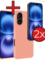 BTH BTH iPhone 16 Plus Hoesje Siliconen Met 2x Screenprotector Met Dichte Notch - Perzik