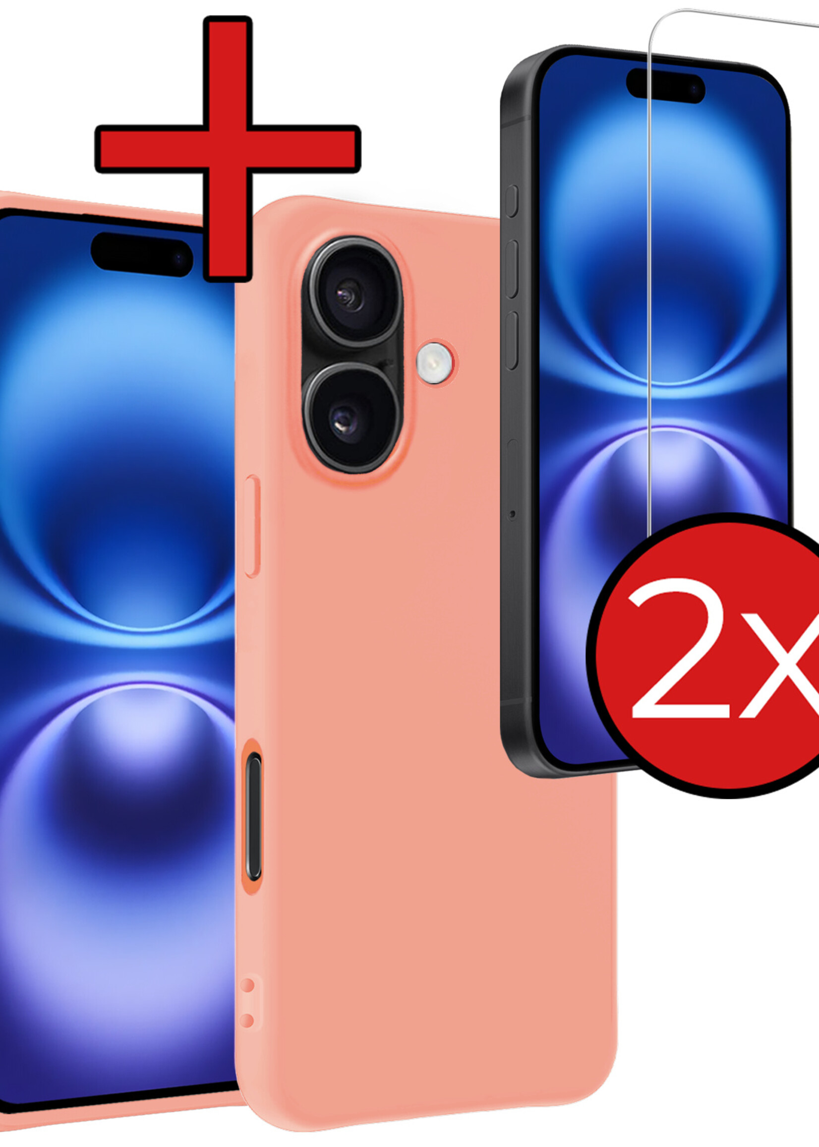 BTH Hoesje Geschikt voor iPhone 16 Plus Hoesje Siliconen Case Hoes Met 2x Screenprotector - Hoes Geschikt voor iPhone 16 Plus Hoes Cover Case - Perzik